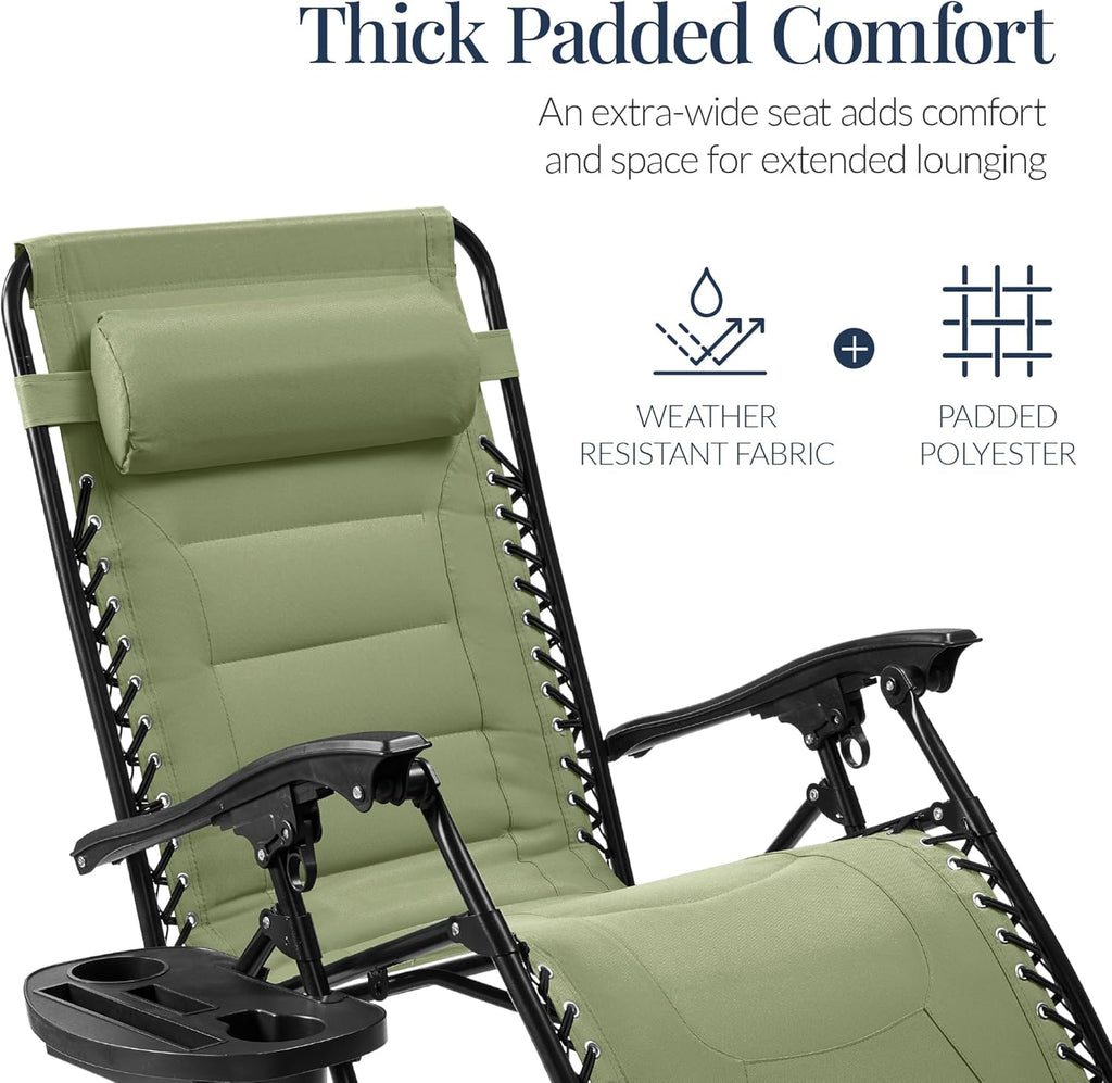Best Choice Products Oversized Padded Zero Gravity Chair, Folding Outdoor Patio Recliner, XL Anti Gravity Lounger for Backyard w/Headrest, Cup Holder, Side Tray, Polyester Mesh - Sage Green