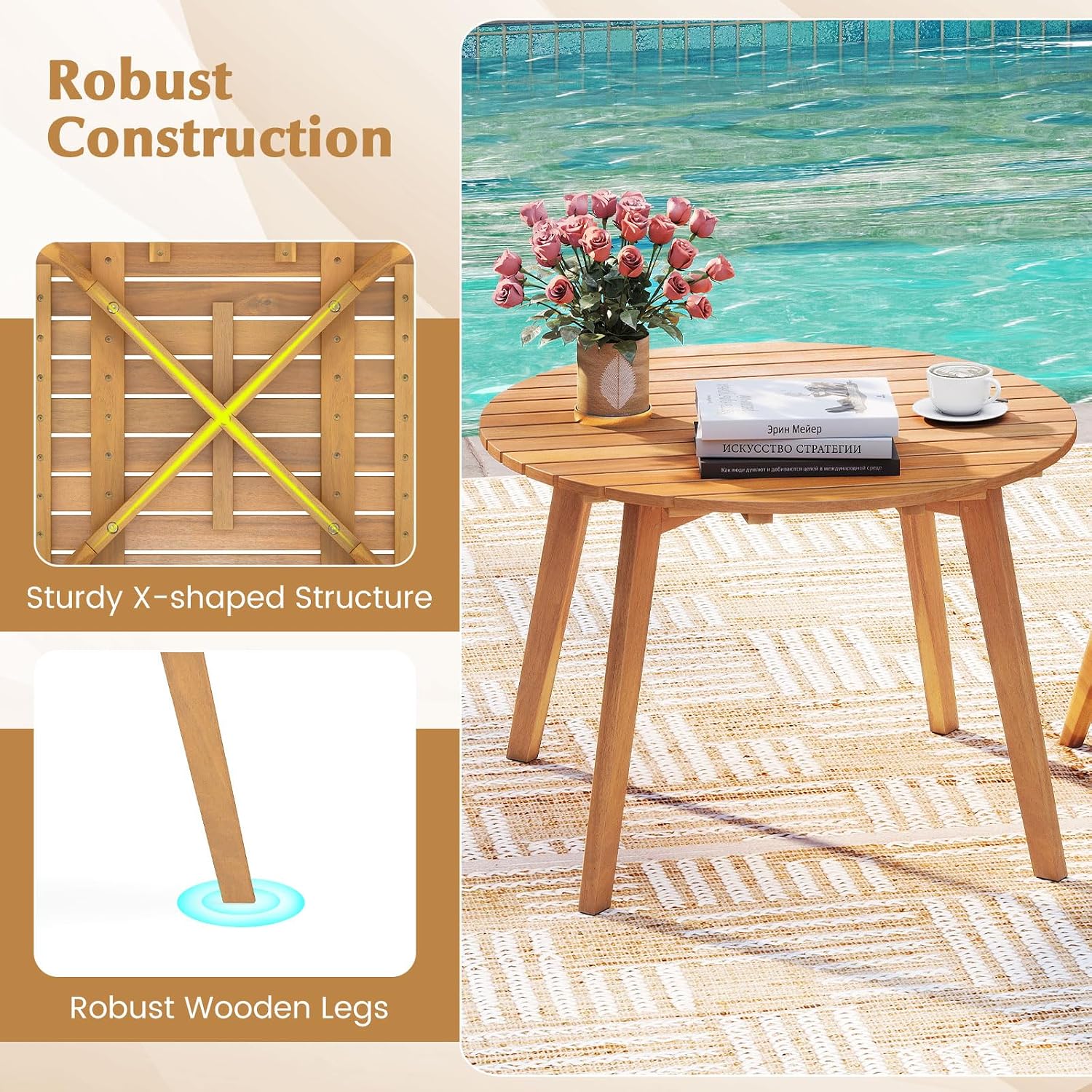 Tangkula Outdoor Side Table, 24.5 Inch Acacia Wood Round Accent Bistro Patio Table with Slatted Tabletop, for Backyard, Balcony, Poolside, Garden (1)