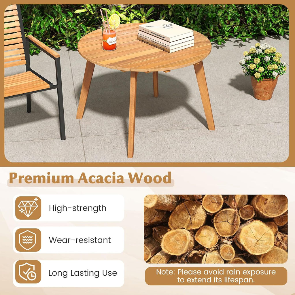 Tangkula Outdoor Side Table, 24.5 Inch Acacia Wood Round Accent Bistro Patio Table with Slatted Tabletop, for Backyard, Balcony, Poolside, Garden (1)