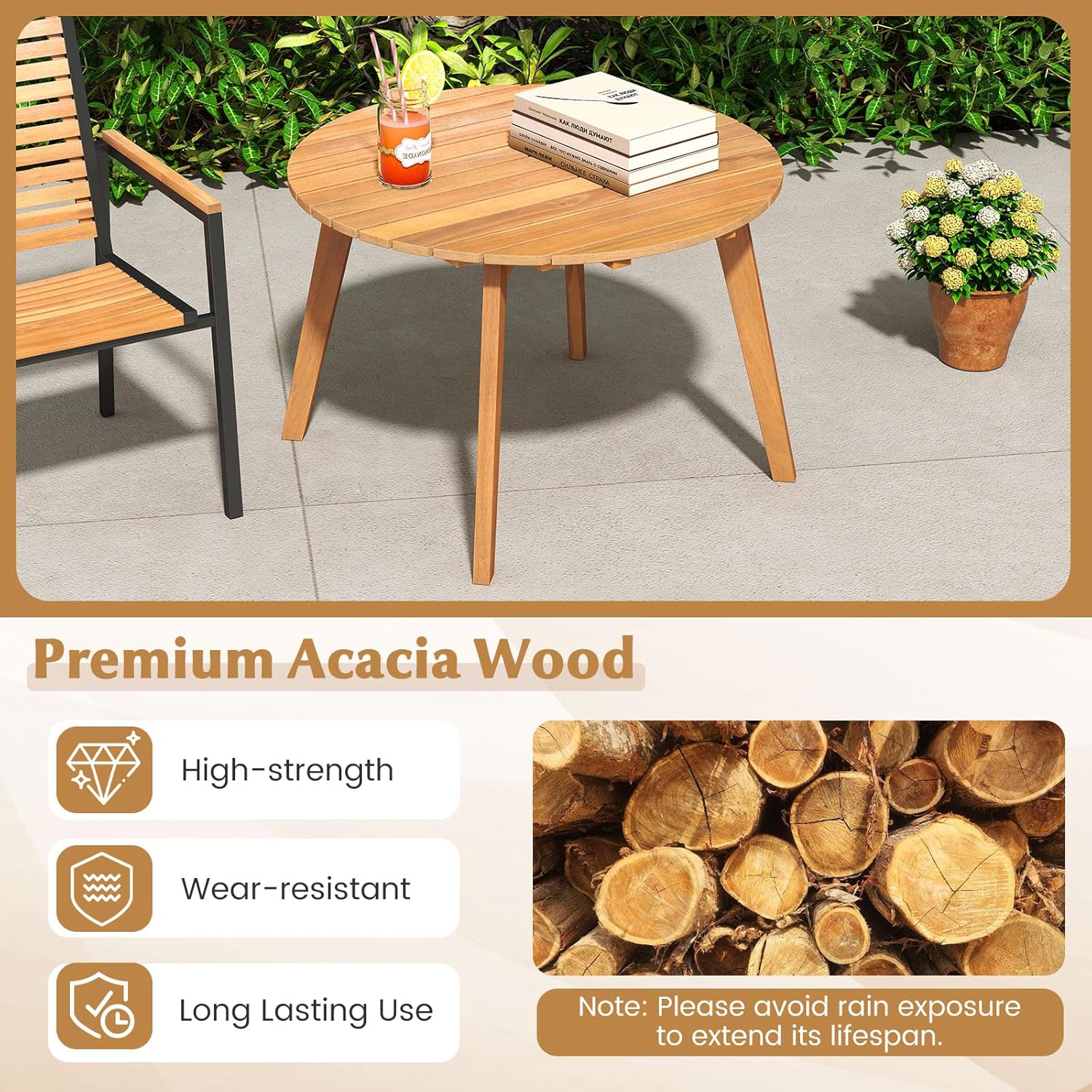 Tangkula Outdoor Side Table, 24.5 Inch Acacia Wood Round Accent Bistro Patio Table with Slatted Tabletop, for Backyard, Balcony, Poolside, Garden (1)