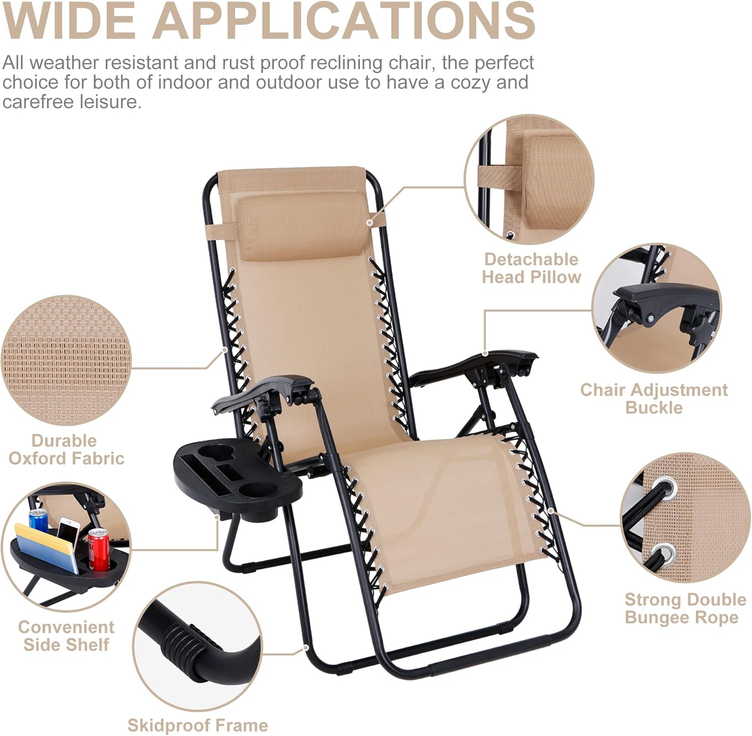 SUPER DEAL Zero Gravity Chair Set of 2 Folding Anti Gravity Recliner Outdoor Patio Beach Lounger Chair with Side Cup Holder Tray and Pillow for Patio, Poolside, Backyard, Deck, Heavy Duty Steel Frame