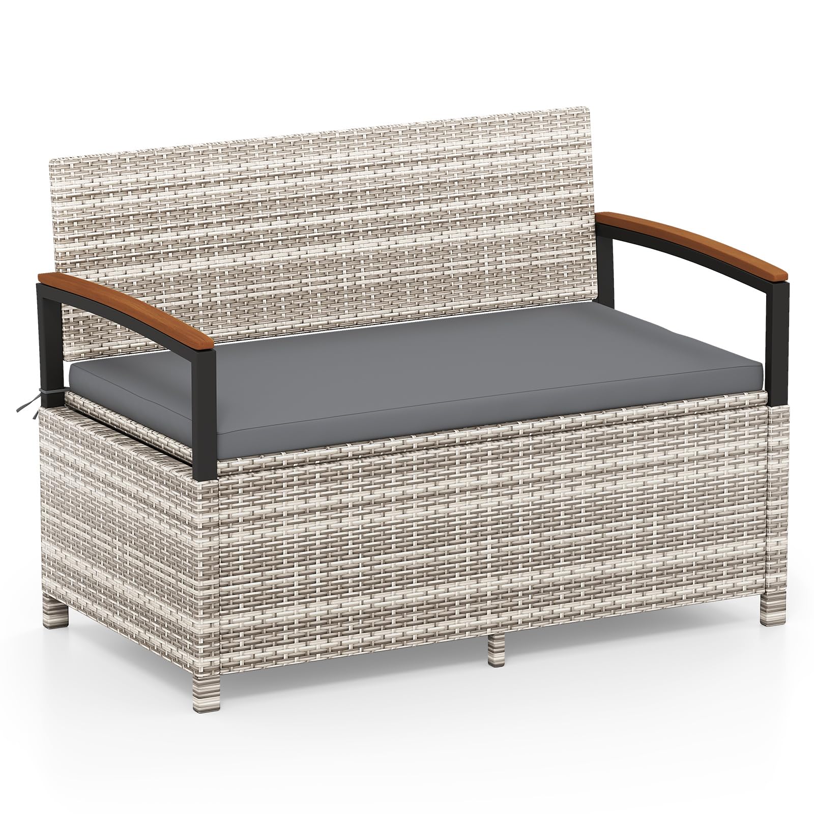 Tangkula 42 Gallon Outdoor Bench with Storage, Outdoor PE Rattan Storage Bench with Cushion, Backrest & Acacia Wood Armrests, Metal Frame, Waterproof Deck Box Seat for Porch Backyard Poolside
