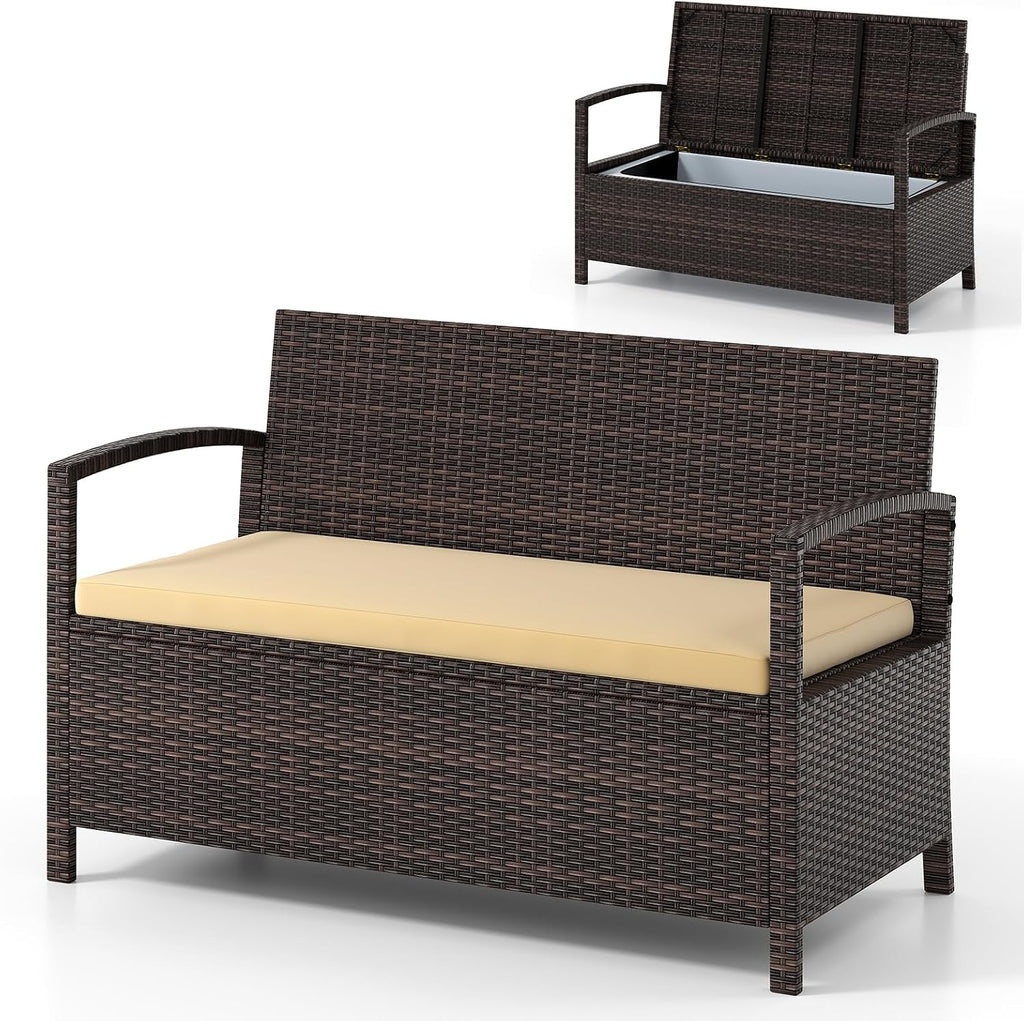 HAPPYGRILL Outdoor Storage Bench Rattan Wicker Deck Box with Padded Cushion for Garden Patio Tools and Supplies, 42 Gal Storage Box
