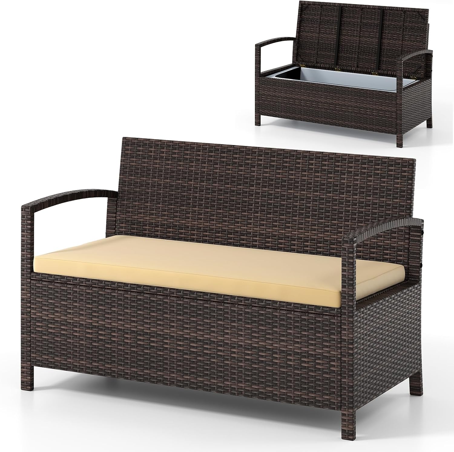 HAPPYGRILL Outdoor Storage Bench Rattan Wicker Deck Box with Padded Cushion for Garden Patio Tools and Supplies, 42 Gal Storage Box