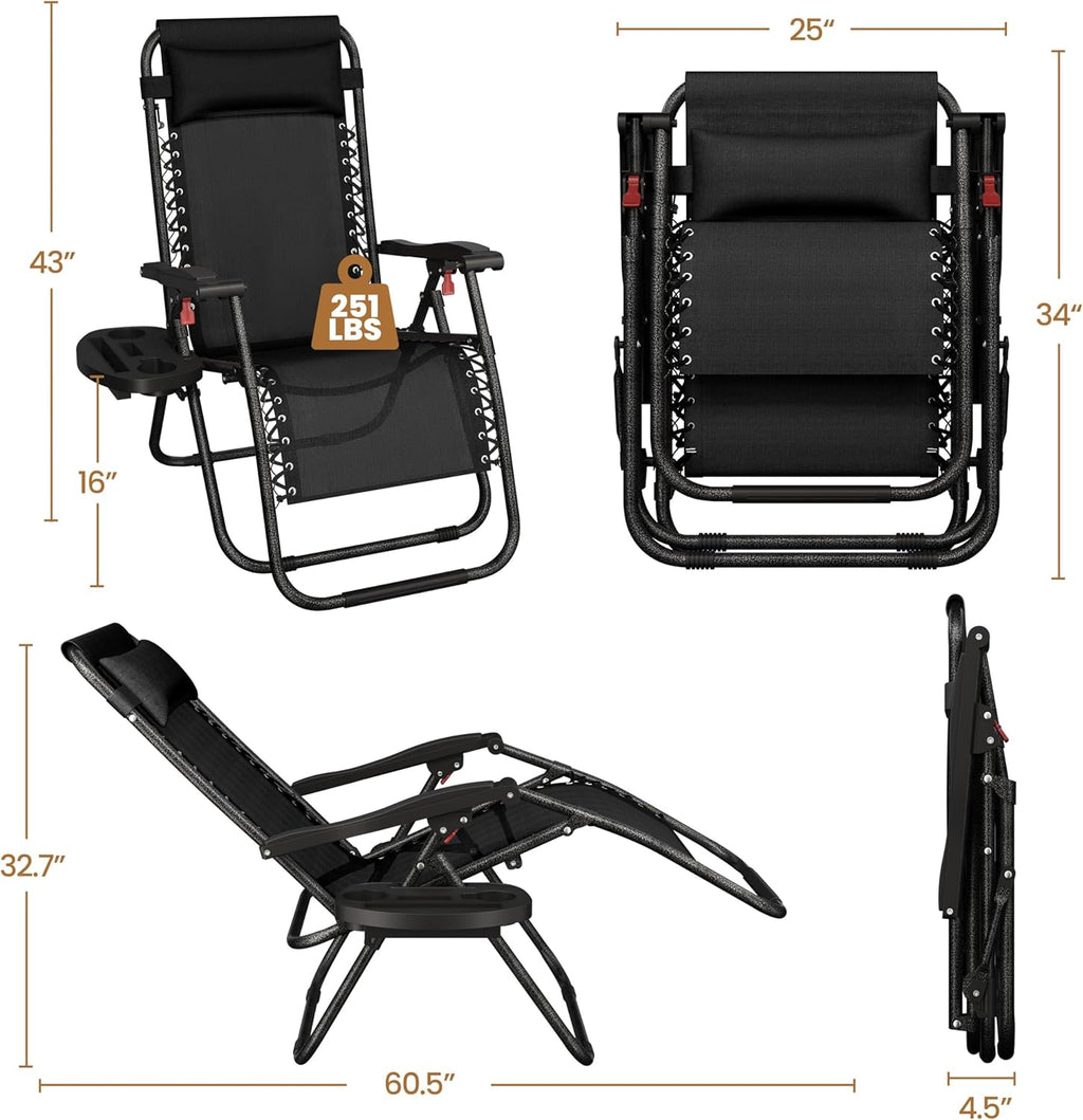 Yaheetech 26" Zero Gravity Recliners Outdoor Adjustable Folding Reclining Lounge Chairs w/Pillows, Cup Holder Trays and Carry Strap for Patio Backyard Beach New Black Set of 2