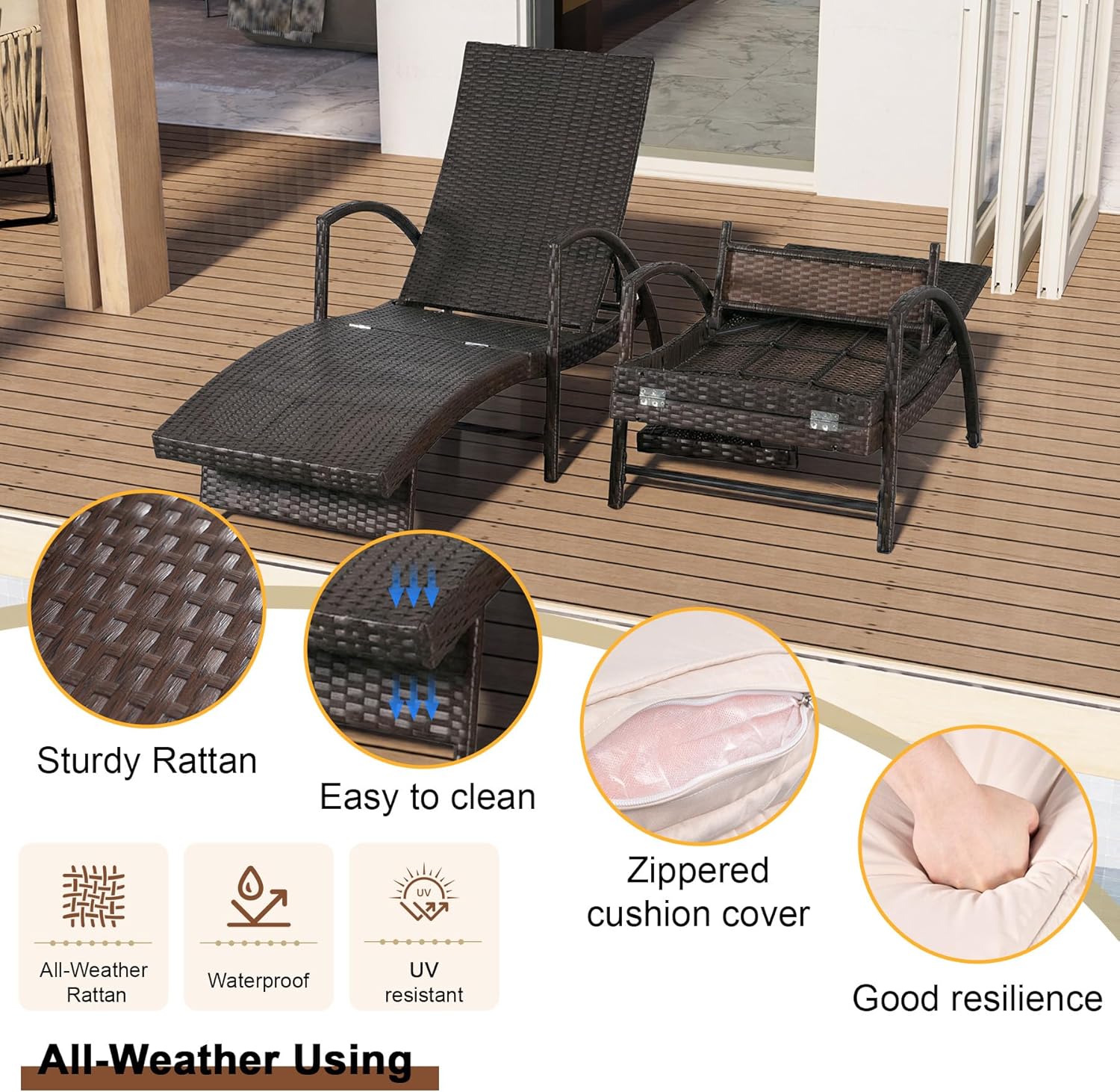 2-Pack White PE Rattan Chaise Lounge, 6-Position Adjustable with Side Table