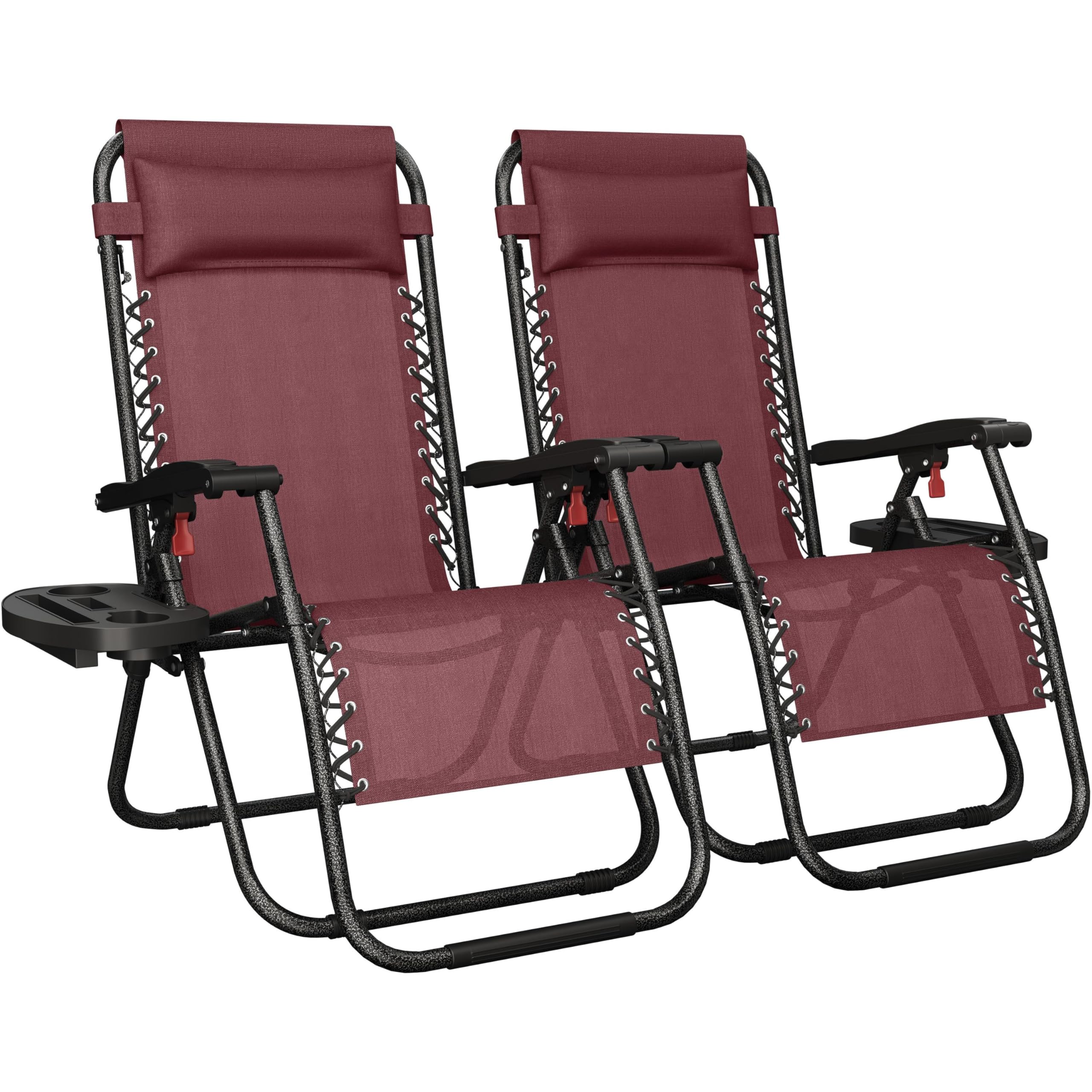 Yaheetech 26" Zero Gravity Recliners Outdoor Adjustable Folding Reclining Lounge Chairs w/Pillows, Cup Holder Trays and Carry Strap for Patio Backyard Beach New Black Set of 2