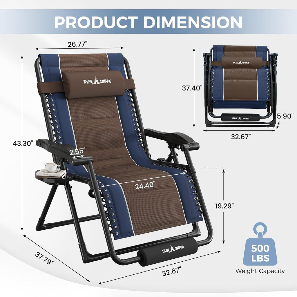 UDPATIO Zero Gravity Chair Oversized Outdoor Anti Gravity Chairs Patio Lounge Folding Adjustable Chair with Cup Holder, Foot Pad & Padded Headrest (2, Blue/Brown, 33in)