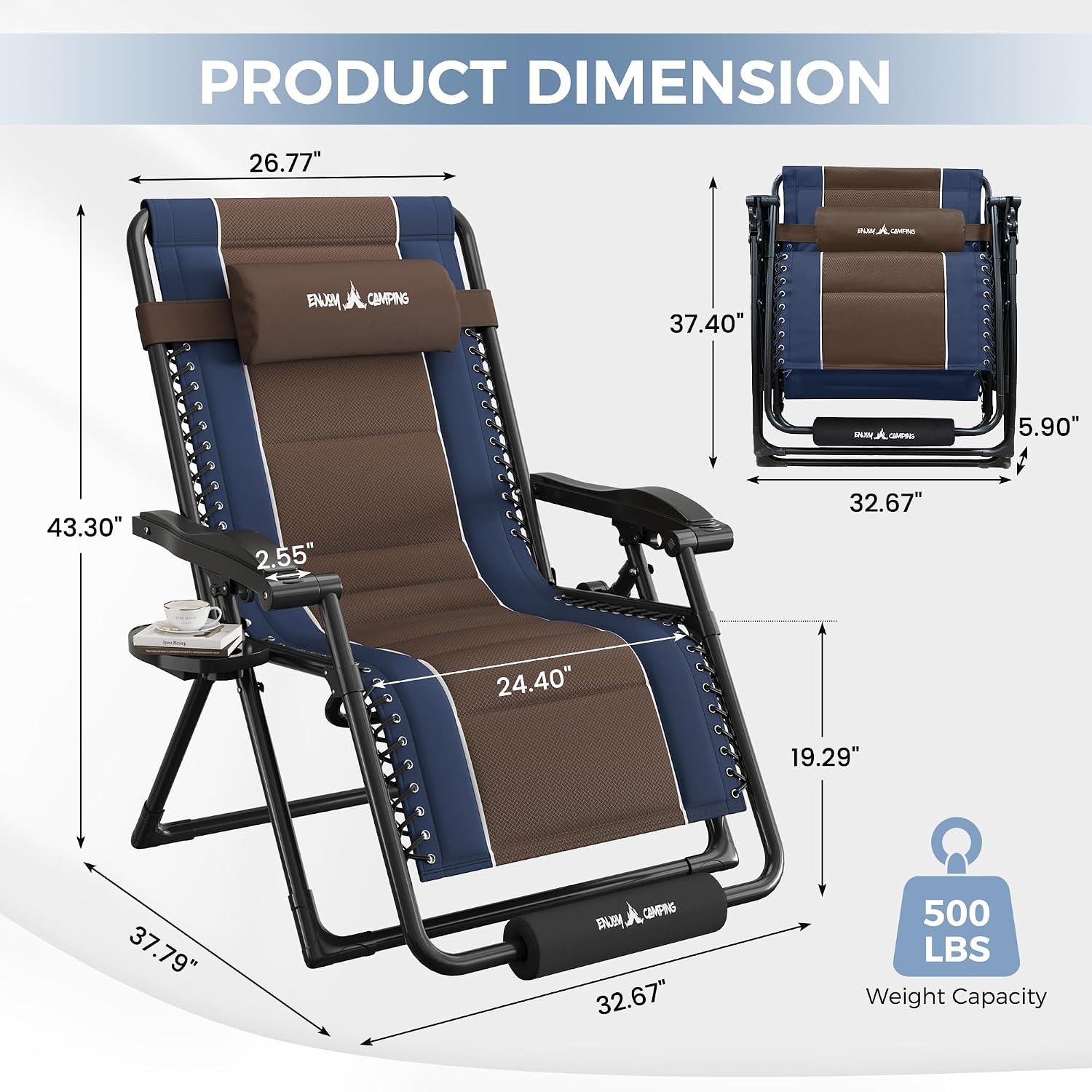 UDPATIO Zero Gravity Chair Oversized Outdoor Anti Gravity Chairs Patio Lounge Folding Adjustable Chair with Cup Holder, Foot Pad & Padded Headrest (2, Blue/Brown, 33in)