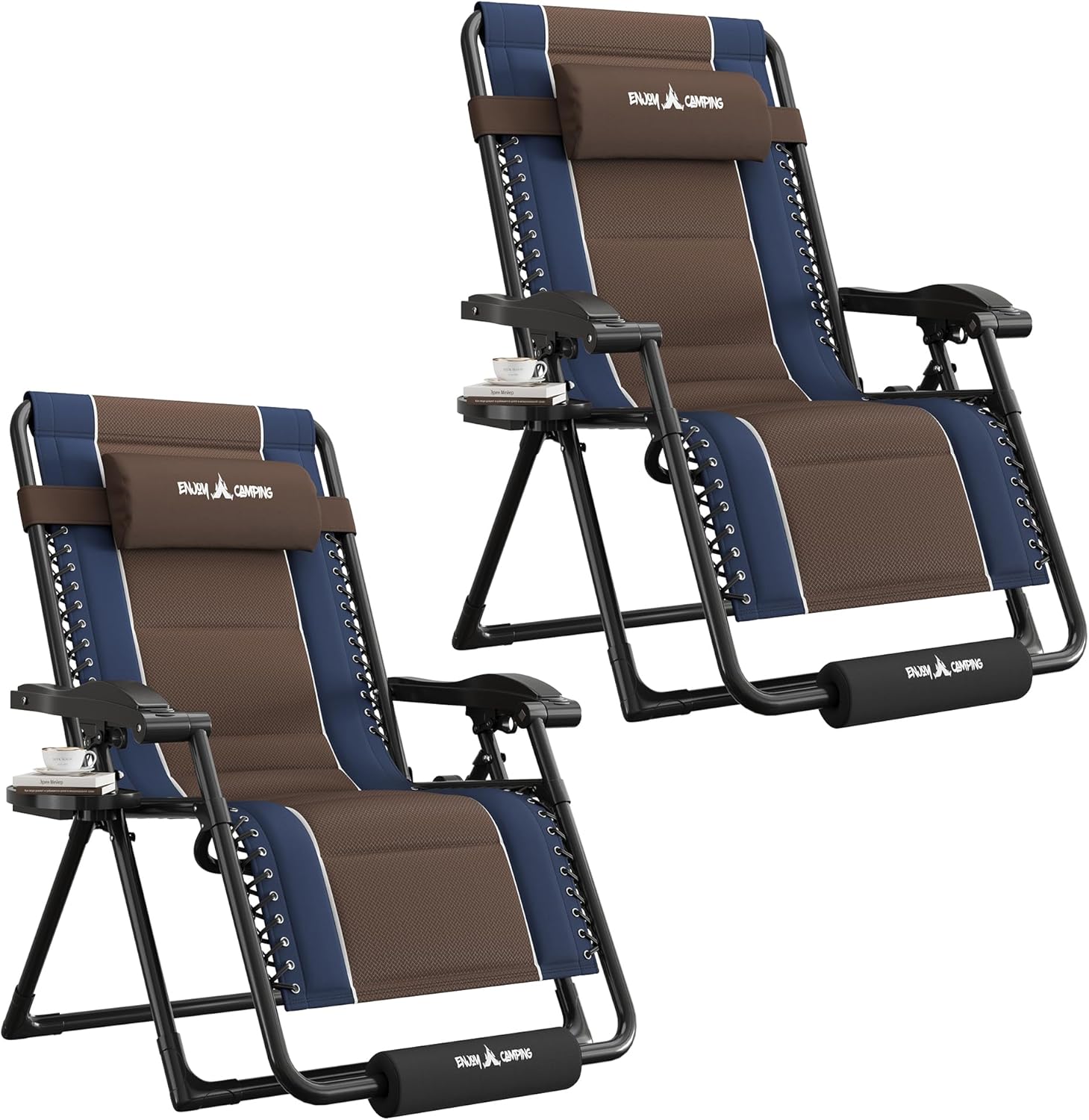 UDPATIO Zero Gravity Chair Oversized Outdoor Anti Gravity Chairs Patio Lounge Folding Adjustable Chair with Cup Holder, Foot Pad & Padded Headrest (2, Blue/Brown, 33in)