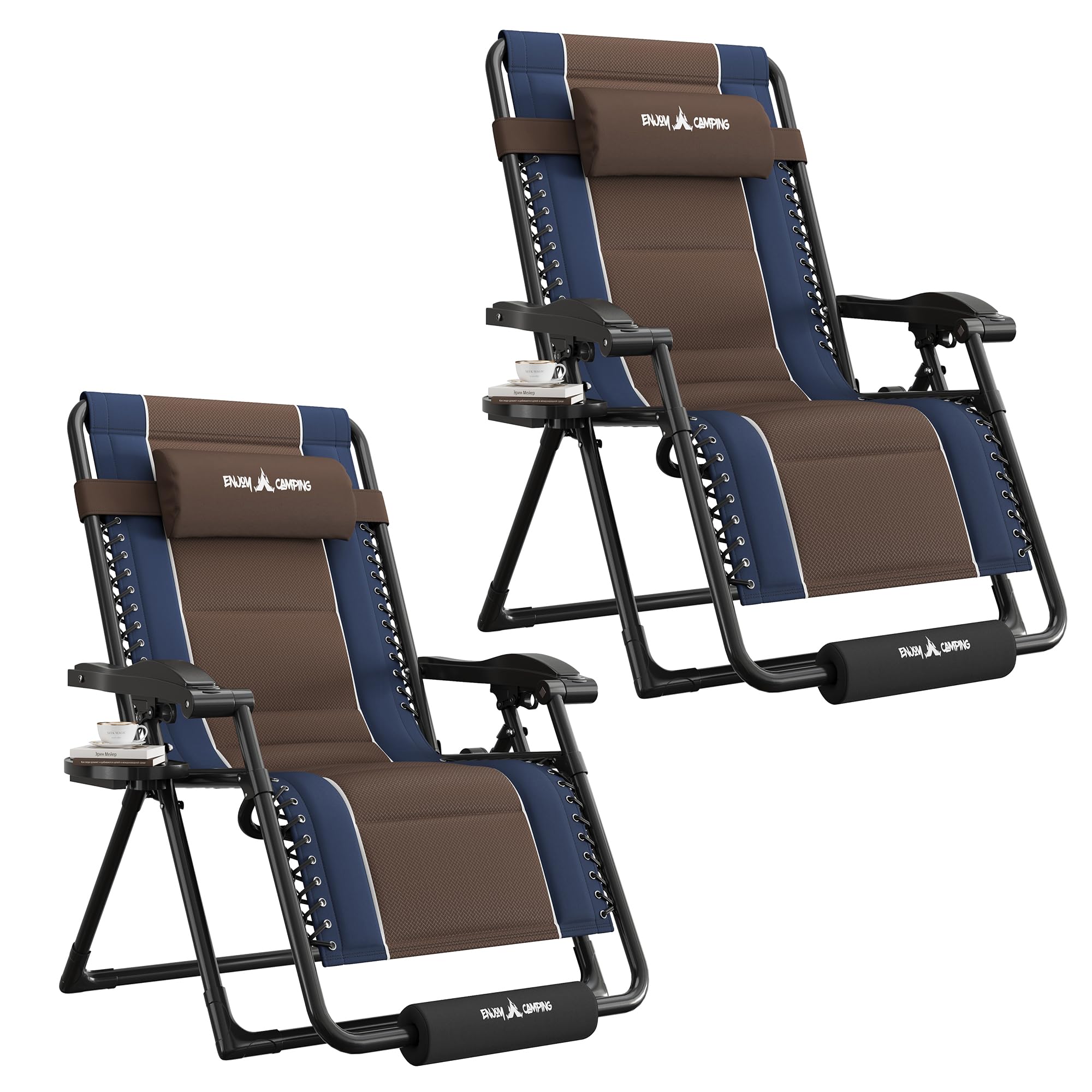 UDPATIO Zero Gravity Chair Oversized Outdoor Anti Gravity Chairs Patio Lounge Folding Adjustable Chair with Cup Holder, Foot Pad & Padded Headrest (2, Blue/Brown, 33in)