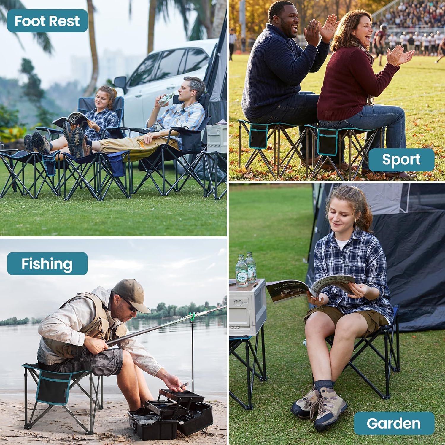 FUNDANGO Oversized Camping Stool for Adults, Thick Padded 18.1 Inch Folding Ottoman Foot Rest, 440 Lbs Heavy Duty Outdoor Camp Chairs with Anti-Slip Foots & Carry Bag for Fishing Lawn Travel (Black)