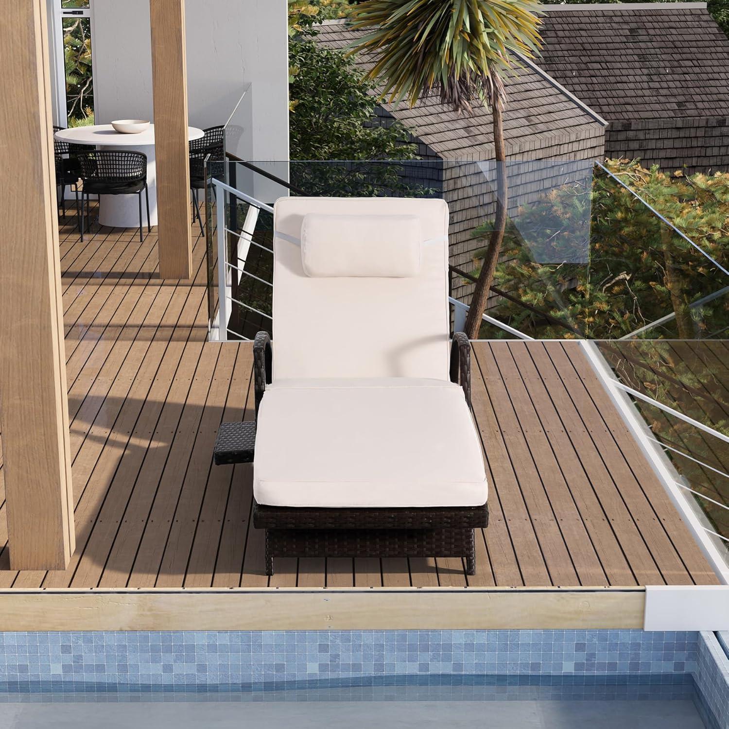 2-Pack White PE Rattan Chaise Lounge, 6-Position Adjustable with Side Table