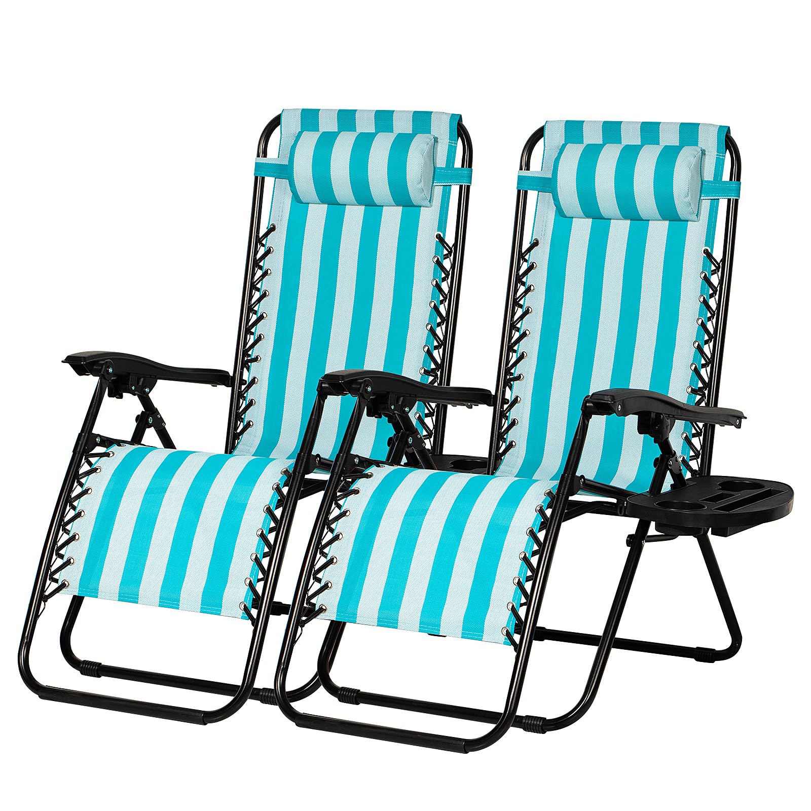 Nazhura Set of 2 Relaxing Recliners Patio Chairs Adjustable Steel Mesh Zero Gravity Lounge Chair Beach Chairs with Pillow and Cup Holder Black
