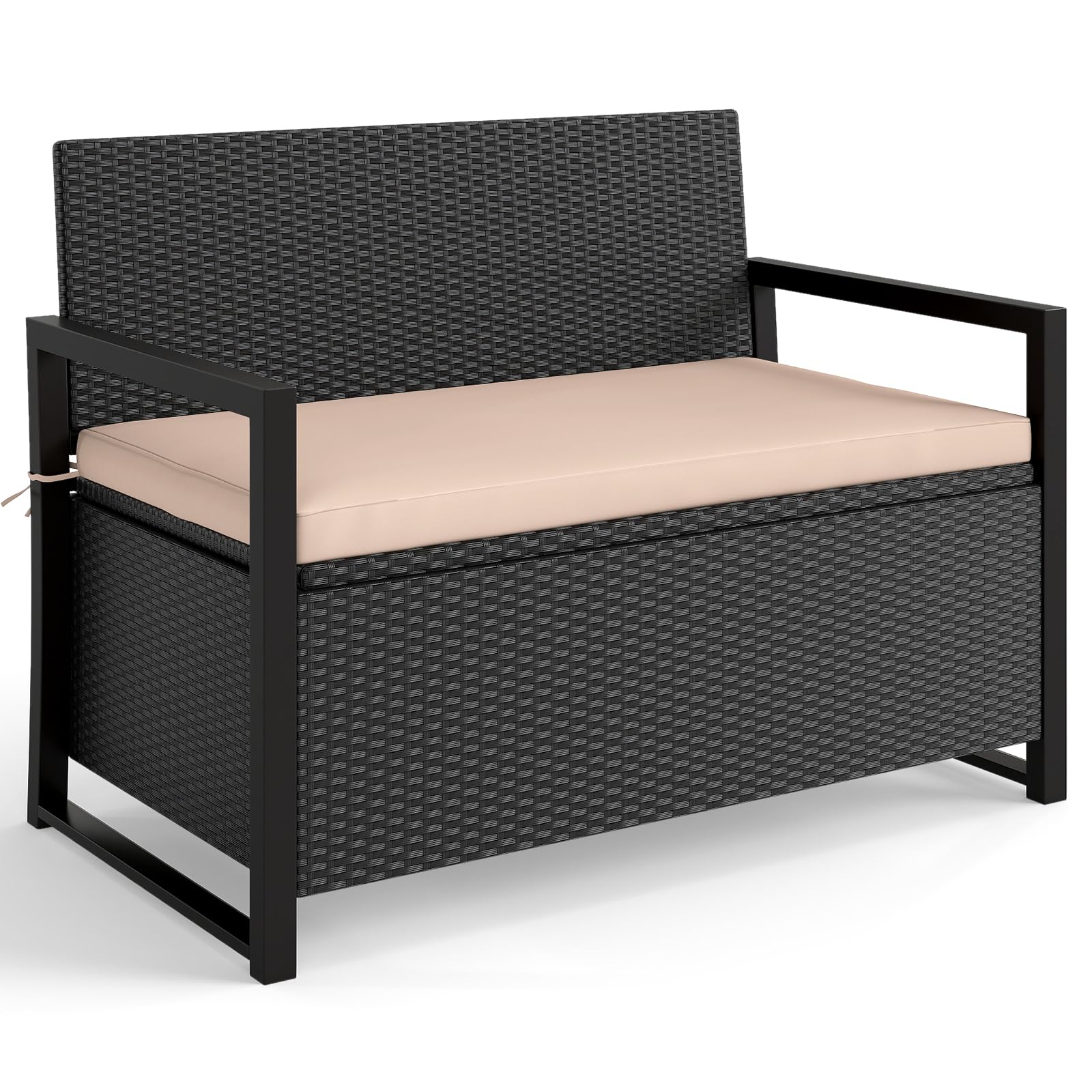 Tangkula 42 Gallon Outdoor Bench with Storage, Outdoor PE Rattan Storage Bench with Cushion, Backrest & Acacia Wood Armrests, Metal Frame, Waterproof Deck Box Seat for Porch Backyard Poolside