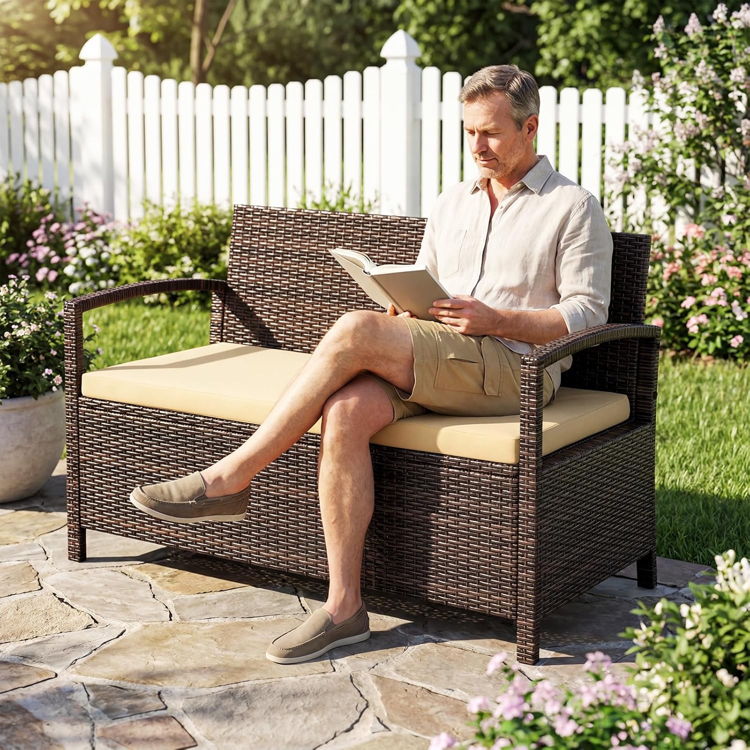 HAPPYGRILL Outdoor Storage Bench Rattan Wicker Deck Box with Padded Cushion for Garden Patio Tools and Supplies, 42 Gal Storage Box