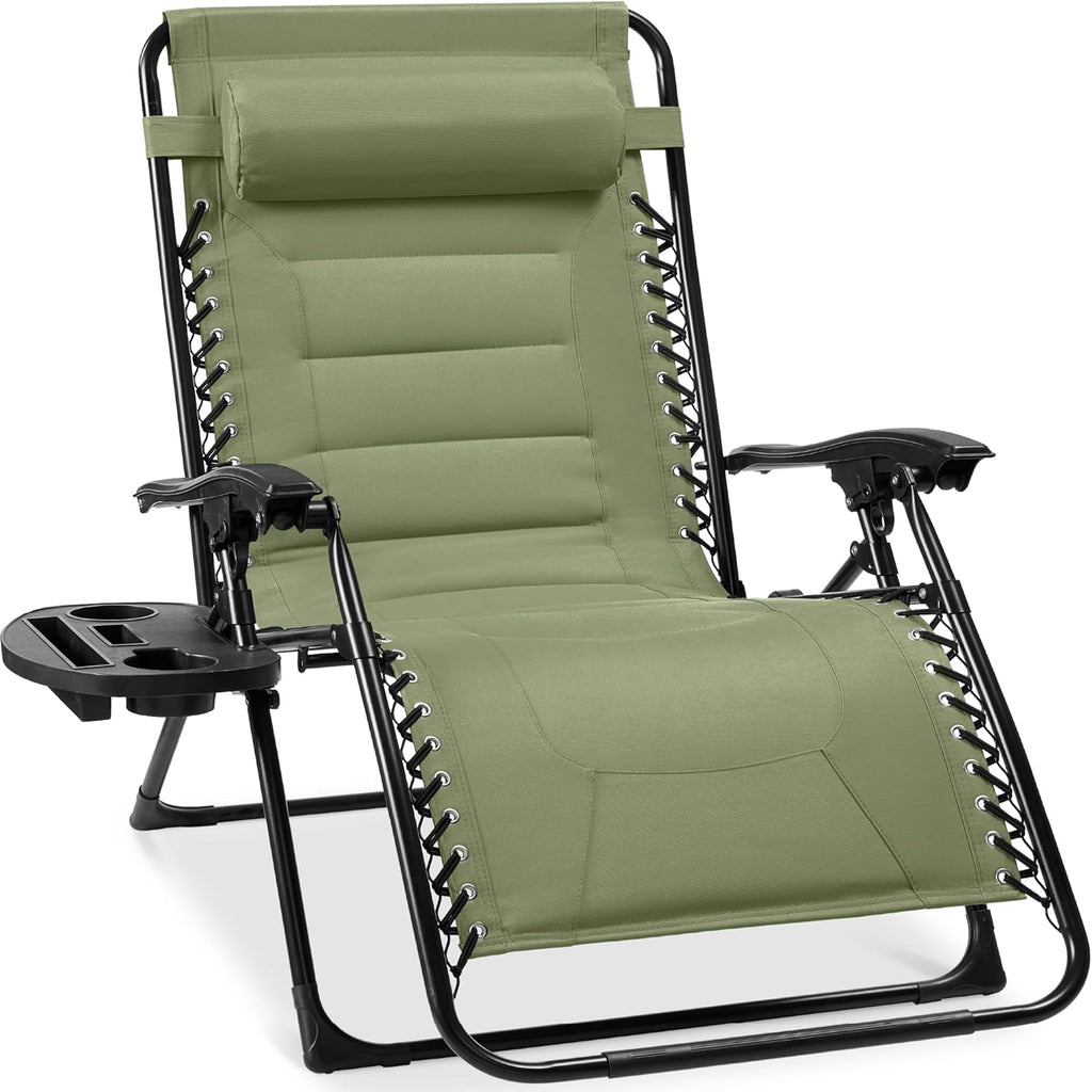 Best Choice Products Oversized Padded Zero Gravity Chair, Folding Outdoor Patio Recliner, XL Anti Gravity Lounger for Backyard w/Headrest, Cup Holder, Side Tray, Polyester Mesh - Sage Green