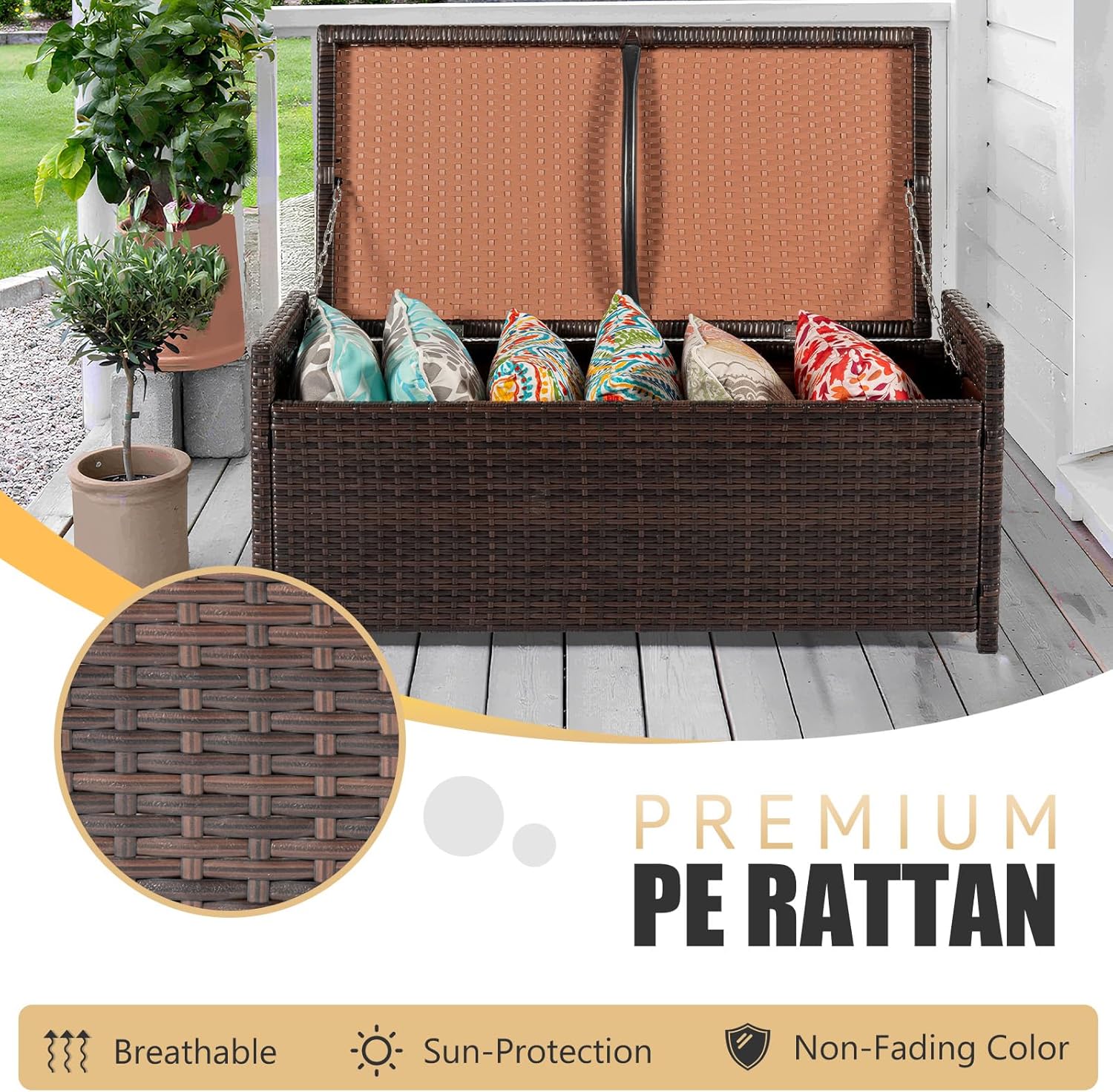 PROHIKER 2-in-1 Wicker Deck Box Bench, All-Weather 55 Gallon Outdoor Storage Box with Cushions and Waterproof Bag, Rattan Storage Bench for Pool Tools, Outdoor Equipments and Garden Tools, Brown/Beige