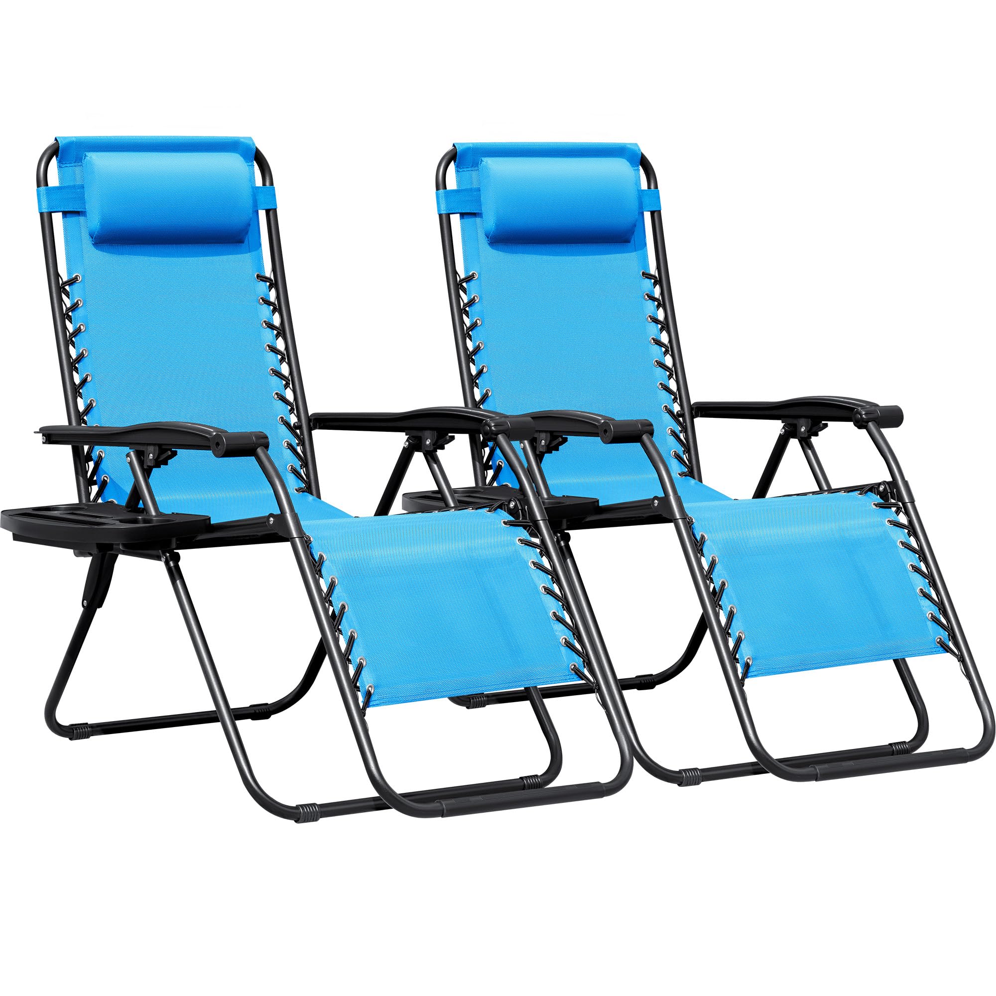 Greesum Zero Gravity Chairs Set of 2 Adjustable Steel Mesh Recliners Beach Deck Lawn Camping Patio Foldable Lounge Chair with Cup Holder Trays and Pillows,Black
