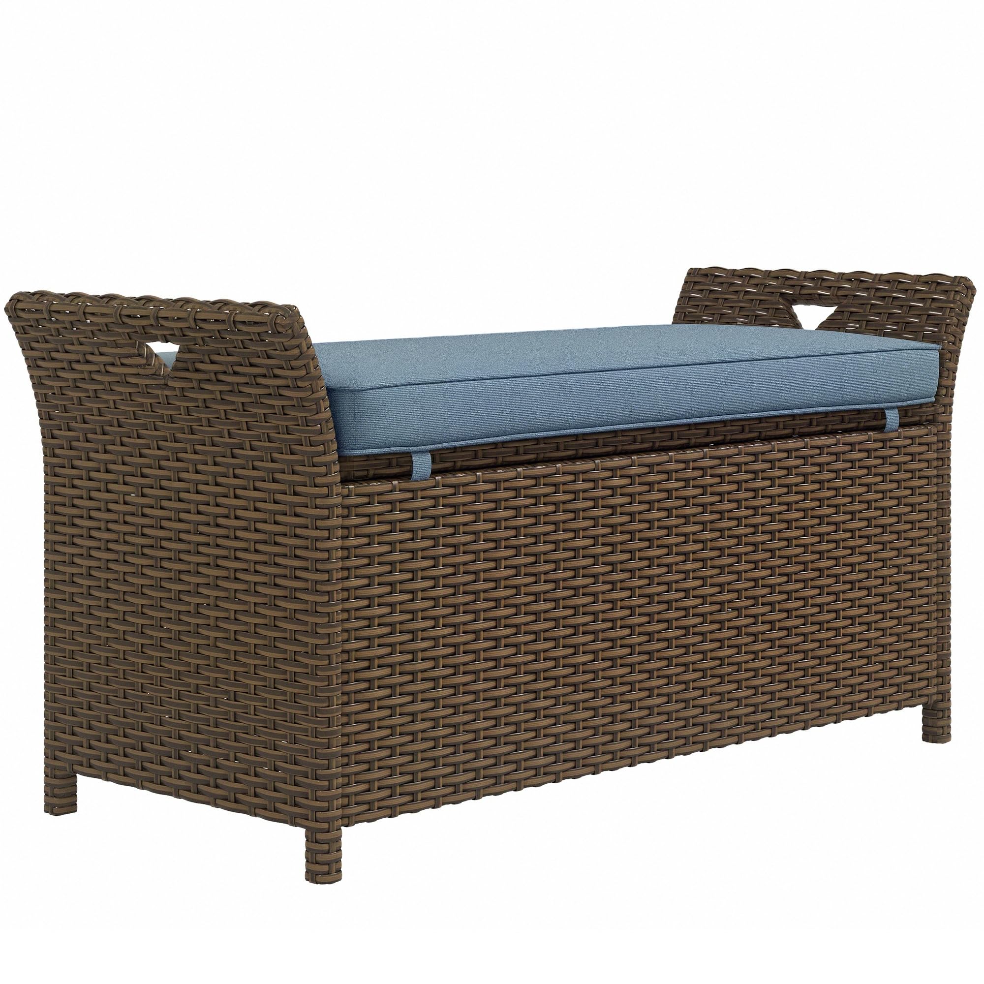 Outsunny 29 Gallon Patio Wicker Storage Bench, Outdoor PE Rattan Furniture, 2-in-1 Large Capacity Rectangle Garden Storage Box with Handles and Cushion, Dark Blue