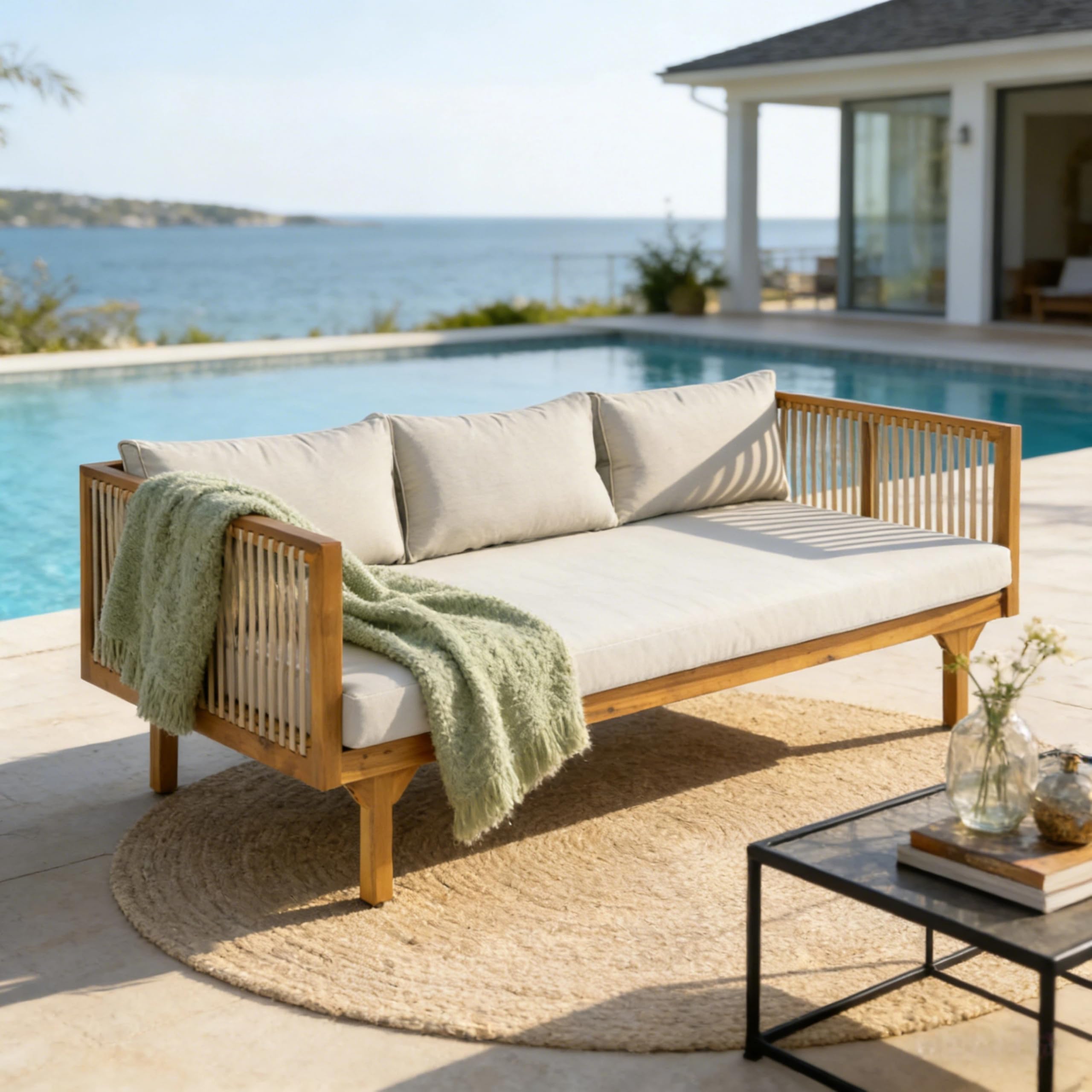 Merax Patio Outdoor Acacia Wood Round Coffee Table for Backyard, Lawn, Balcony, Teak Finish