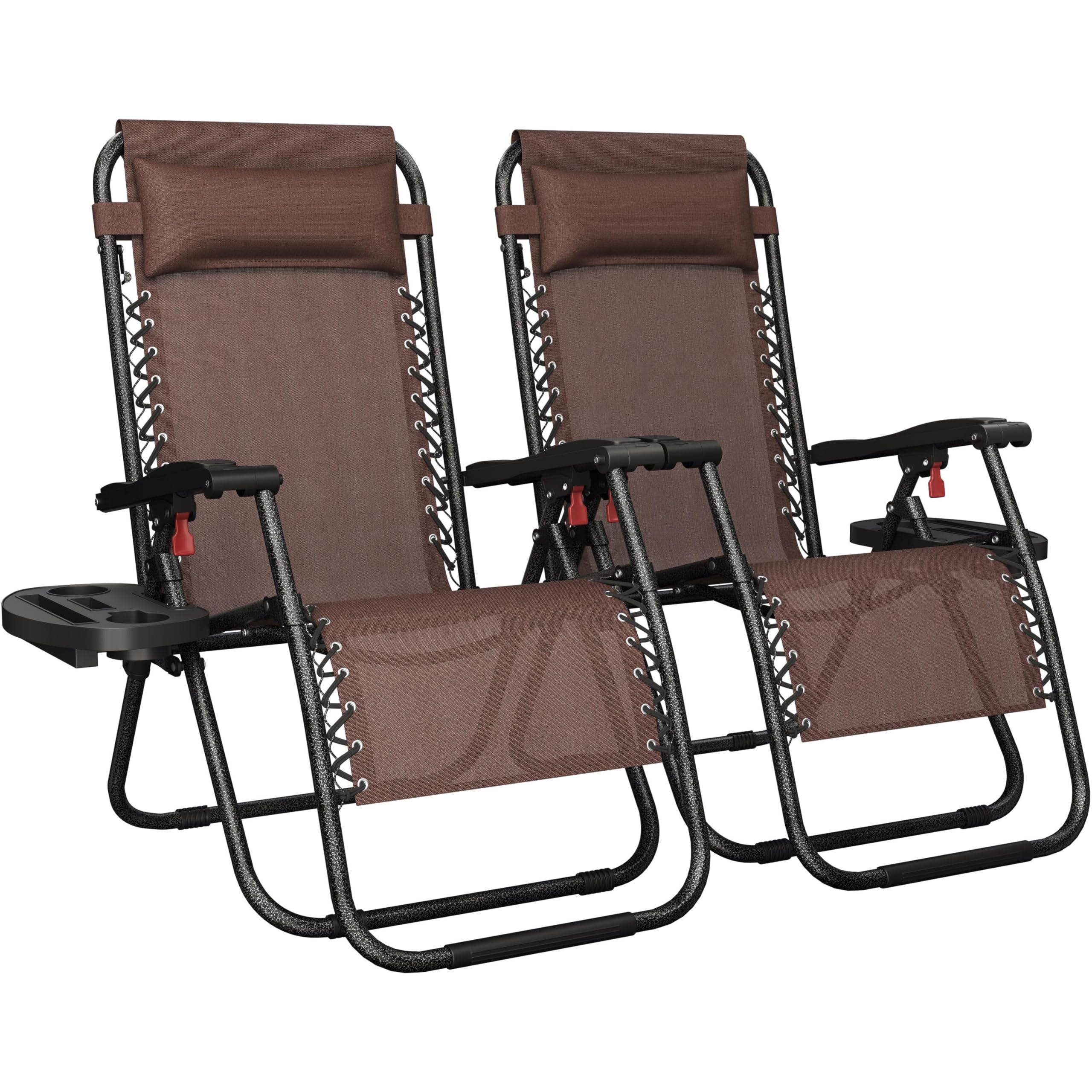 Yaheetech 26" Zero Gravity Recliners Outdoor Adjustable Folding Reclining Lounge Chairs w/Pillows, Cup Holder Trays and Carry Strap for Patio Backyard Beach New Black Set of 2
