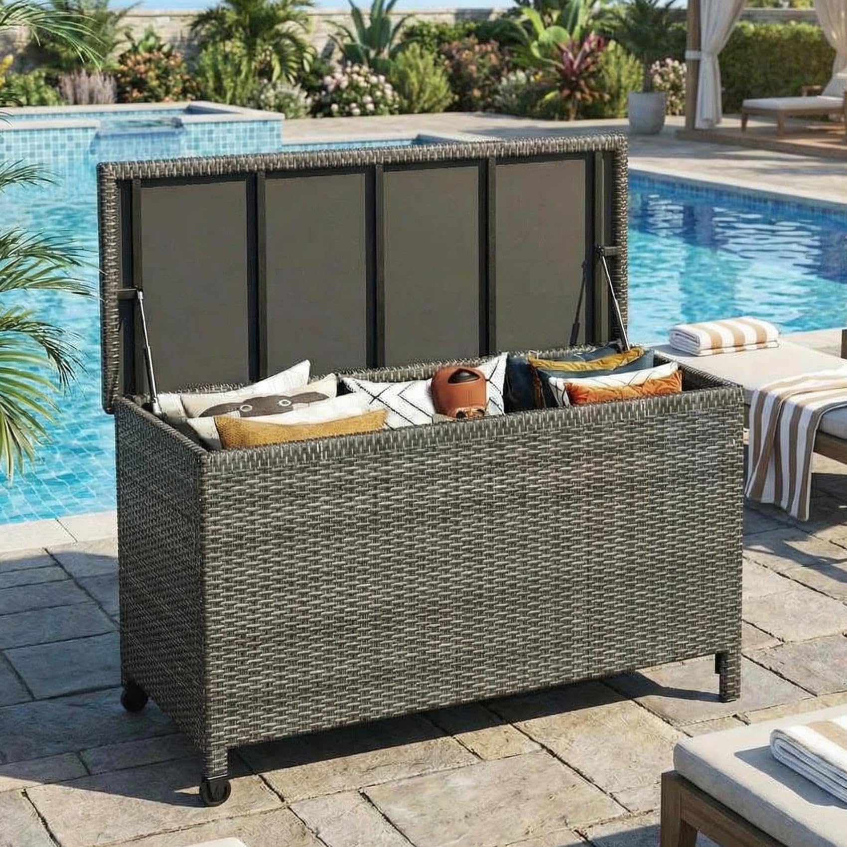 75 Gallon Outdoor Storage Bench, All-Weather PE Rattan Deck Box with Seat, Wicker Patio Furniture for Cushions, Garden Tools, Pool Accessories, Water-Resistant (Yellow Wicker & Beige Cushions)