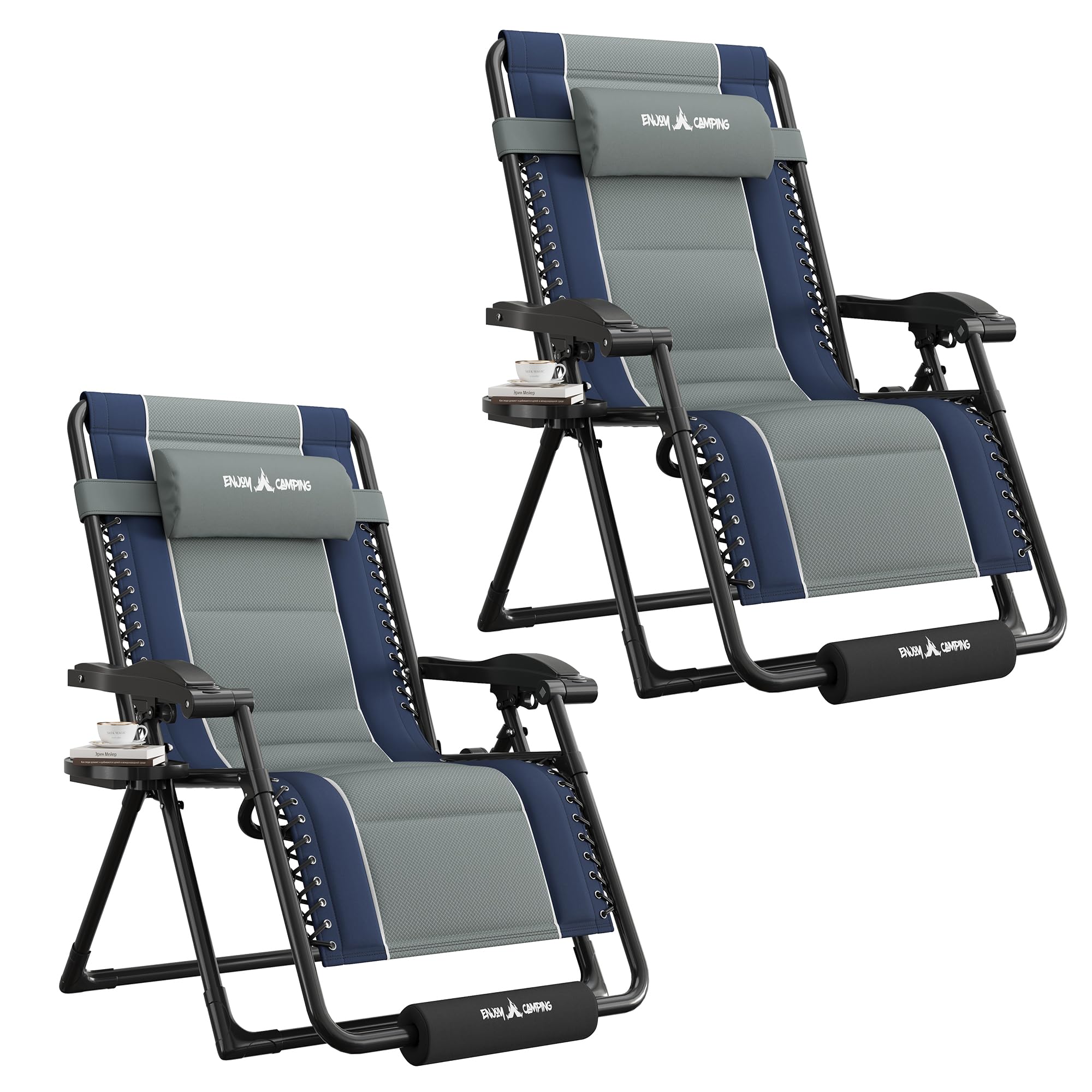 UDPATIO Zero Gravity Chair Oversized Outdoor Anti Gravity Chairs Patio Lounge Folding Adjustable Chair with Cup Holder, Foot Pad & Padded Headrest (2, Blue/Brown, 33in)