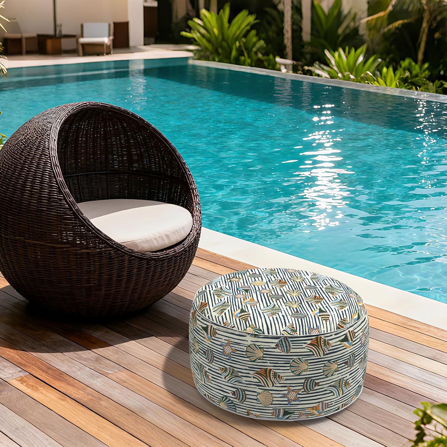 Outdoor Inflatable Stool Ottoman D31”xH14”, All Weather Portable Footrest Stool, Furniture Stool Ottomans for Home Garden Beach, Crayon Shells