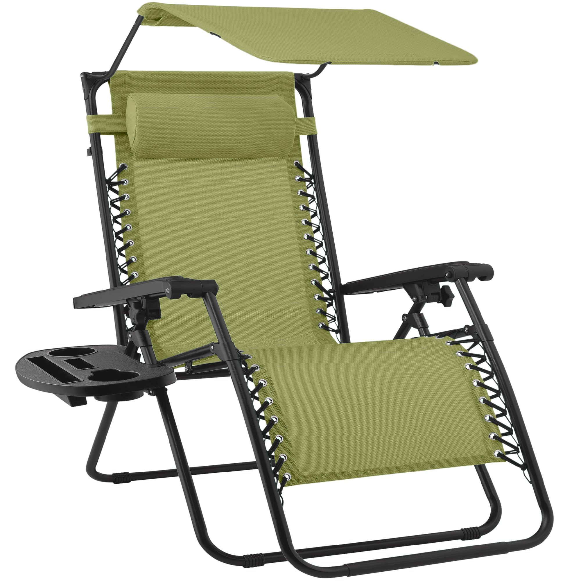 Best Choice Products Folding Zero Gravity Outdoor Recliner Patio Lounge Chair w/Adjustable Canopy Shade, Headrest, Side Accessory Tray, Textilene Mesh - Sage Green