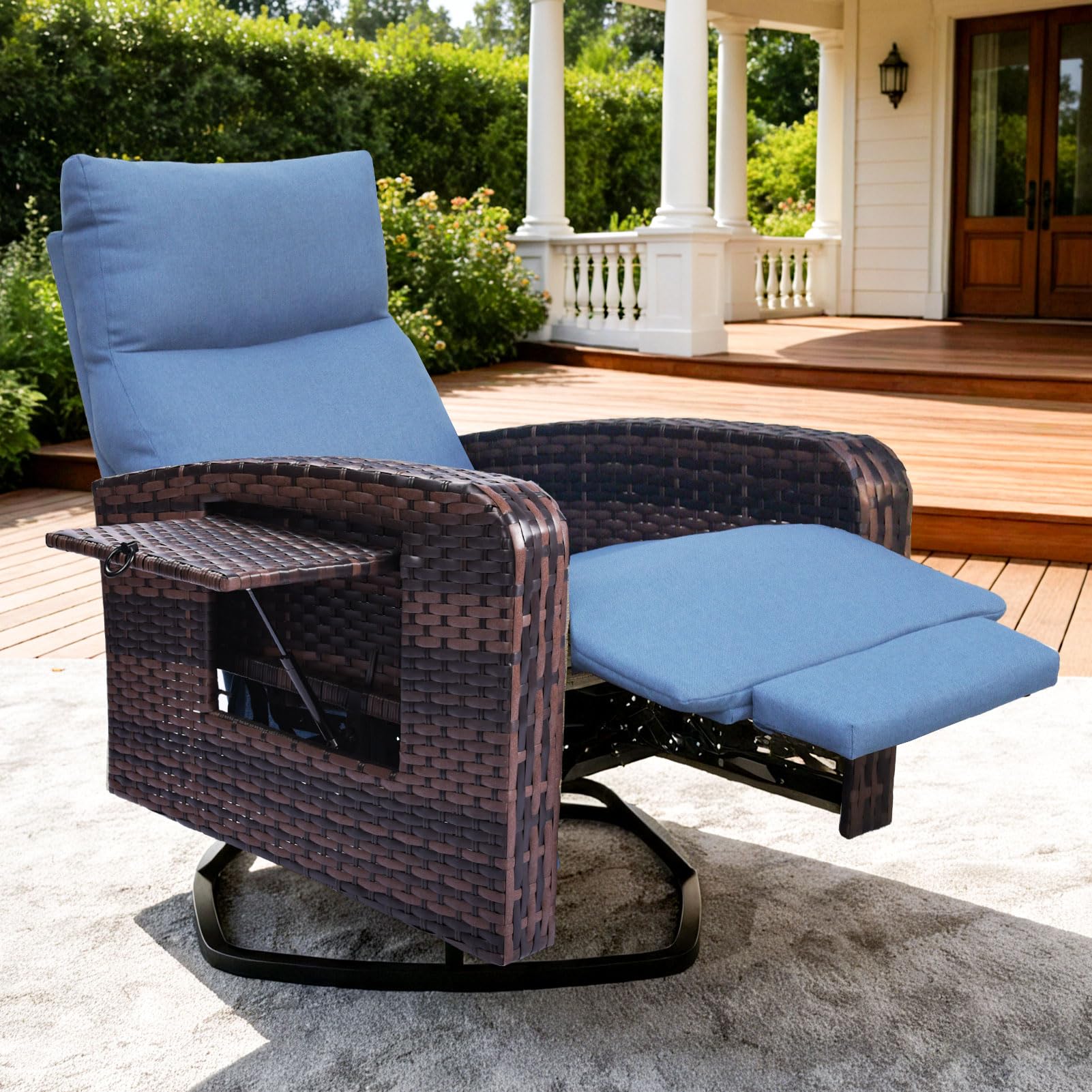 ZZW Outdoor Recliner Chair, Wicker Patio Recliners with Adjustable Backrest and Extended Foot Rest, Reclining Patio Chairs with Flip Table & Removable Cushion Cover for Porch