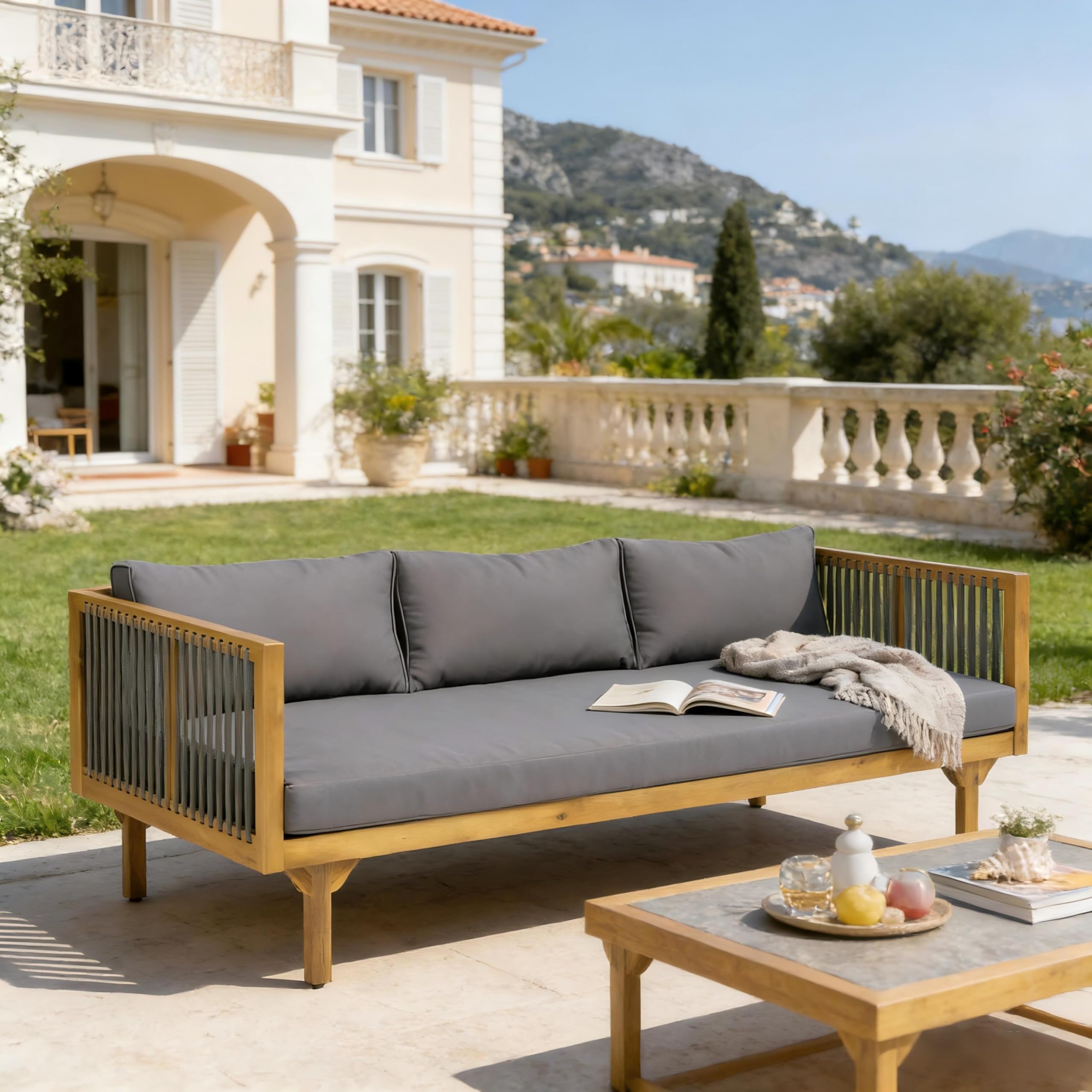 Merax Patio Outdoor Acacia Wood Round Coffee Table for Backyard, Lawn, Balcony, Teak Finish