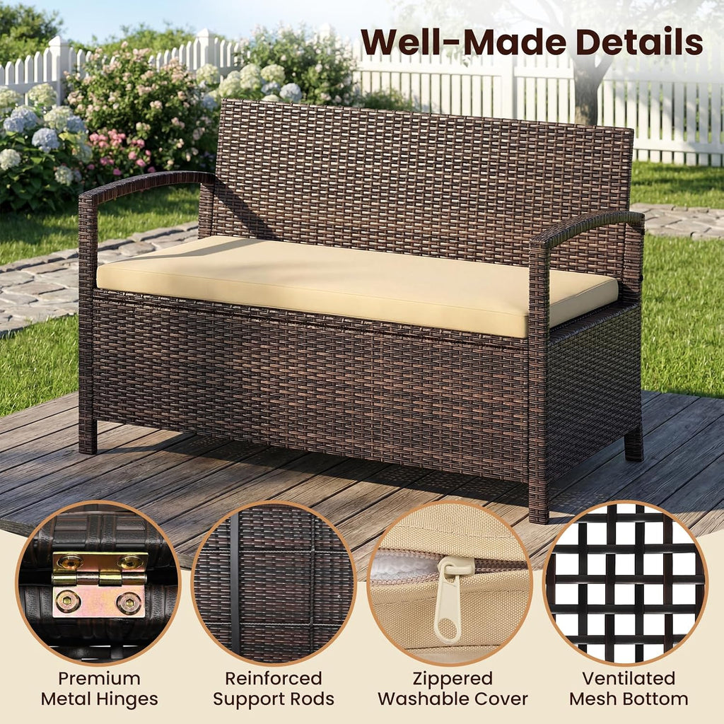 HAPPYGRILL Outdoor Storage Bench Rattan Wicker Deck Box with Padded Cushion for Garden Patio Tools and Supplies, 42 Gal Storage Box