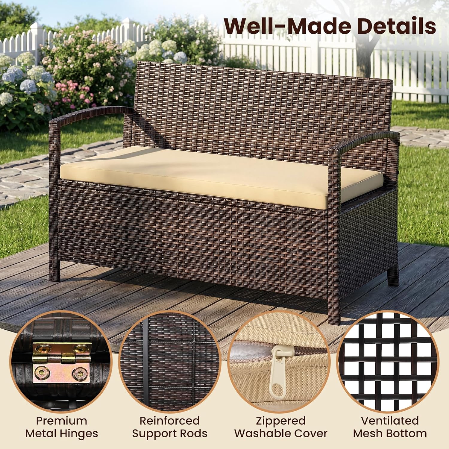 HAPPYGRILL Outdoor Storage Bench Rattan Wicker Deck Box with Padded Cushion for Garden Patio Tools and Supplies, 42 Gal Storage Box