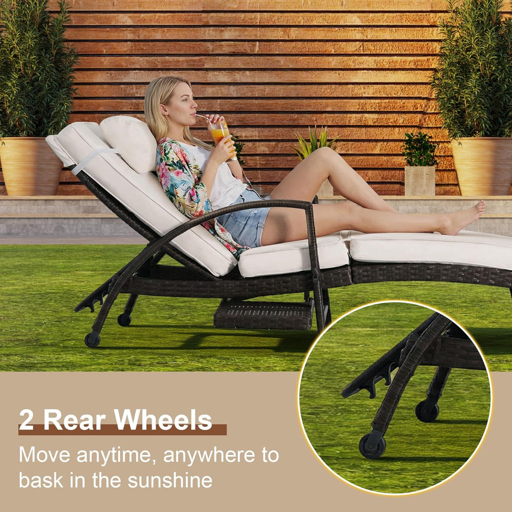2-Pack White PE Rattan Chaise Lounge, 6-Position Adjustable with Side Table