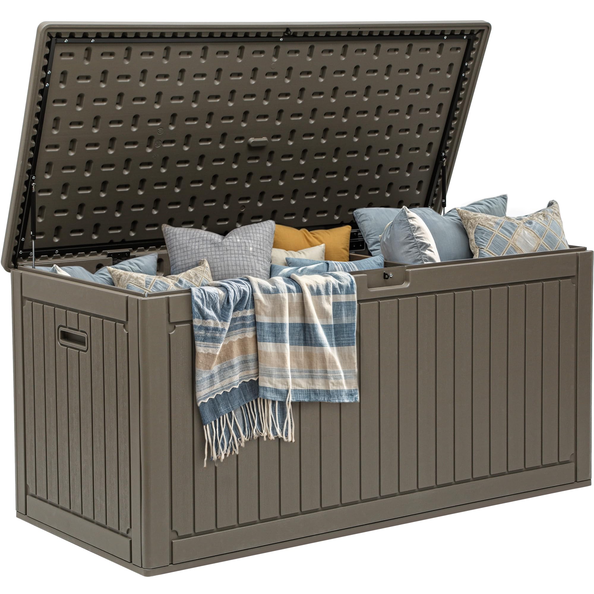 YITAHOME 70 Gallon Deck Bench with Storage, Outdoor Storage Box Bench with Armrests for Patio Garden Pool Porch, Waterproof&Lockable, Light Brown