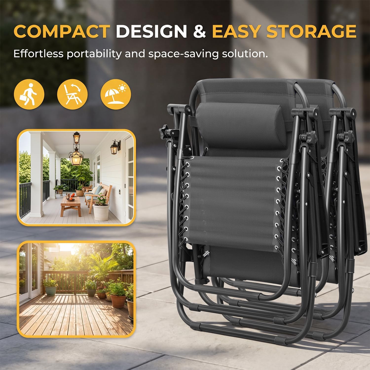 Greesum Zero Gravity Chairs Set of 2 Adjustable Steel Mesh Recliners Beach Deck Lawn Camping Patio Foldable Lounge Chair with Cup Holder Trays and Pillows,Black