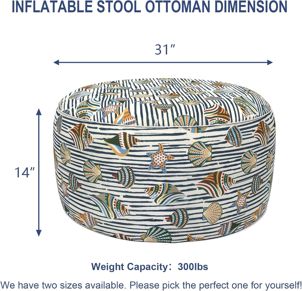 Outdoor Inflatable Stool Ottoman D31”xH14”, All Weather Portable Footrest Stool, Furniture Stool Ottomans for Home Garden Beach, Crayon Shells