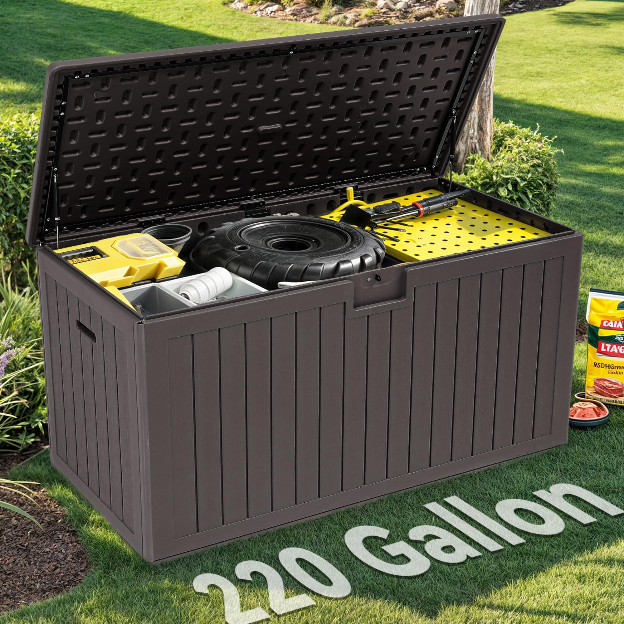 YITAHOME 70 Gallon Deck Bench with Storage, Outdoor Storage Box Bench with Armrests for Patio Garden Pool Porch, Waterproof&Lockable, Light Brown