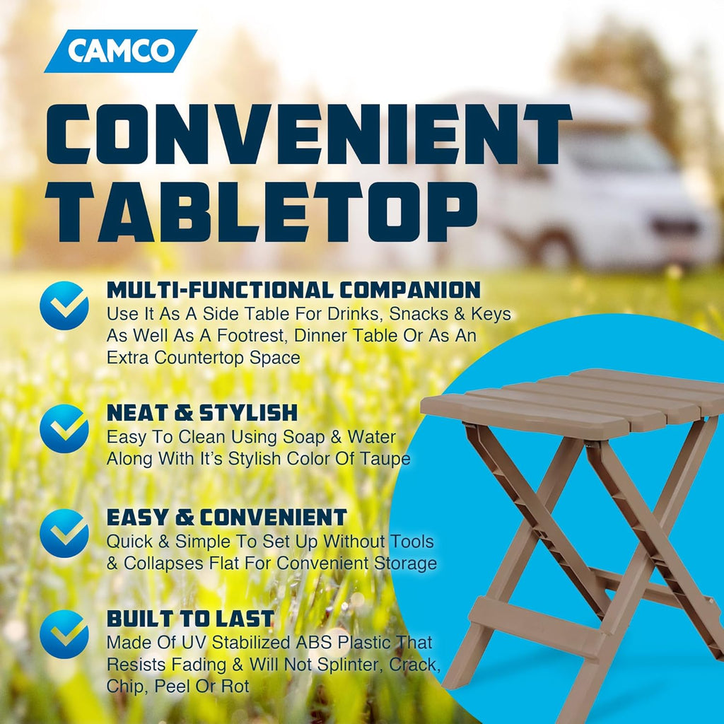 Camco Adirondack Portable Outdoor Camping Small Weatherproof Rustproof Durable Plastic Folding Side Table for Indoor and Outdoor Use, Taupe