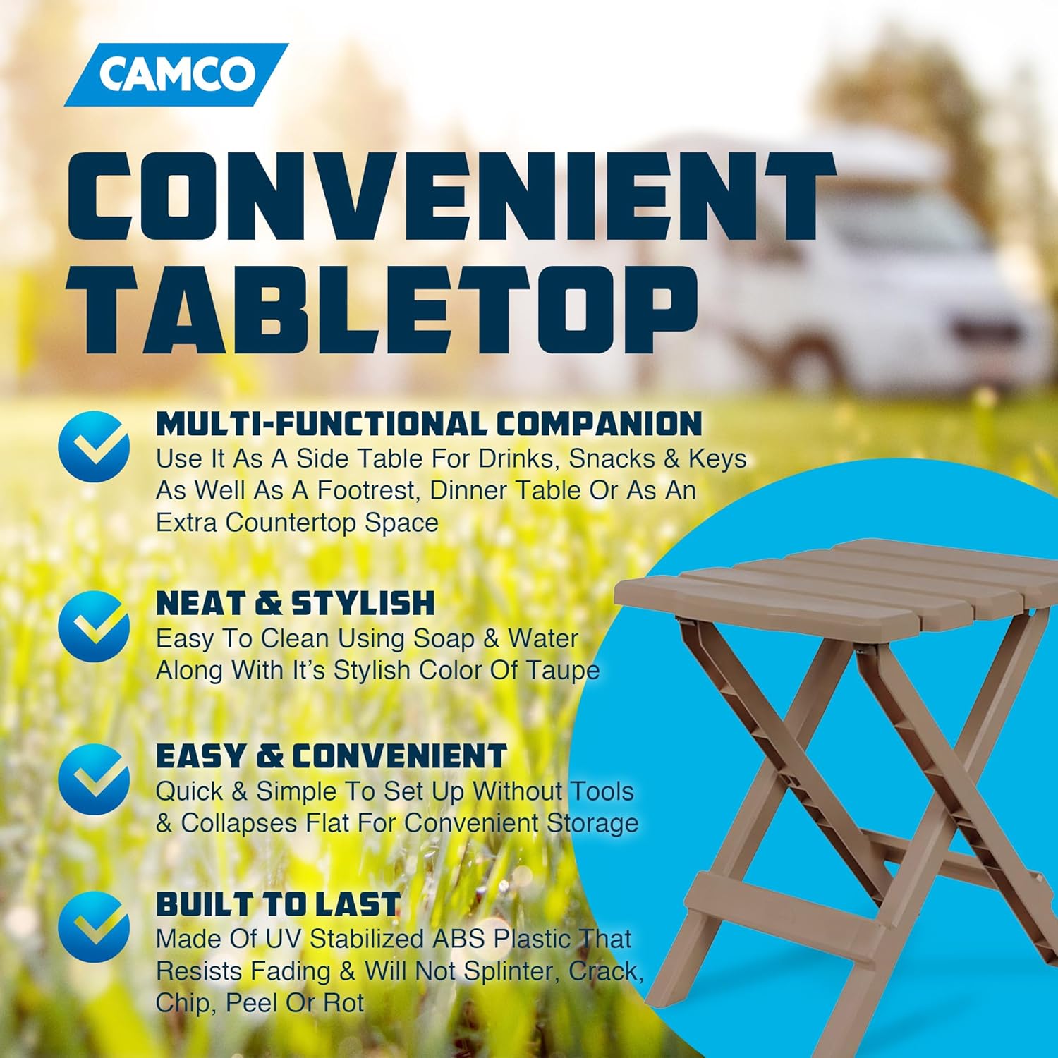 Camco Adirondack Portable Outdoor Camping Small Weatherproof Rustproof Durable Plastic Folding Side Table for Indoor and Outdoor Use, Taupe