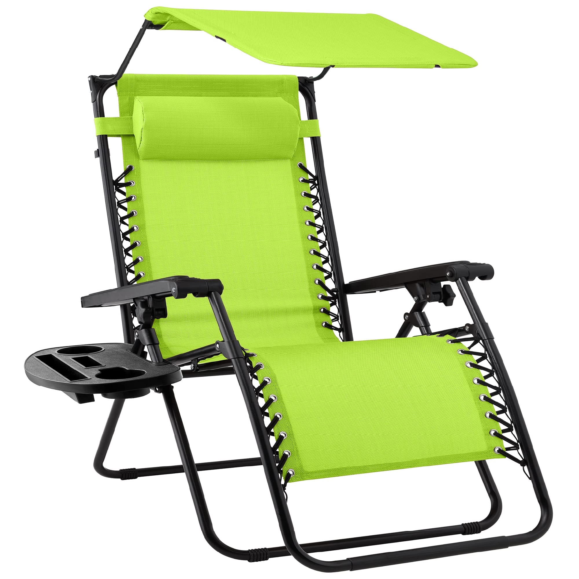 Best Choice Products Folding Zero Gravity Outdoor Recliner Patio Lounge Chair w/Adjustable Canopy Shade, Headrest, Side Accessory Tray, Textilene Mesh - Sage Green