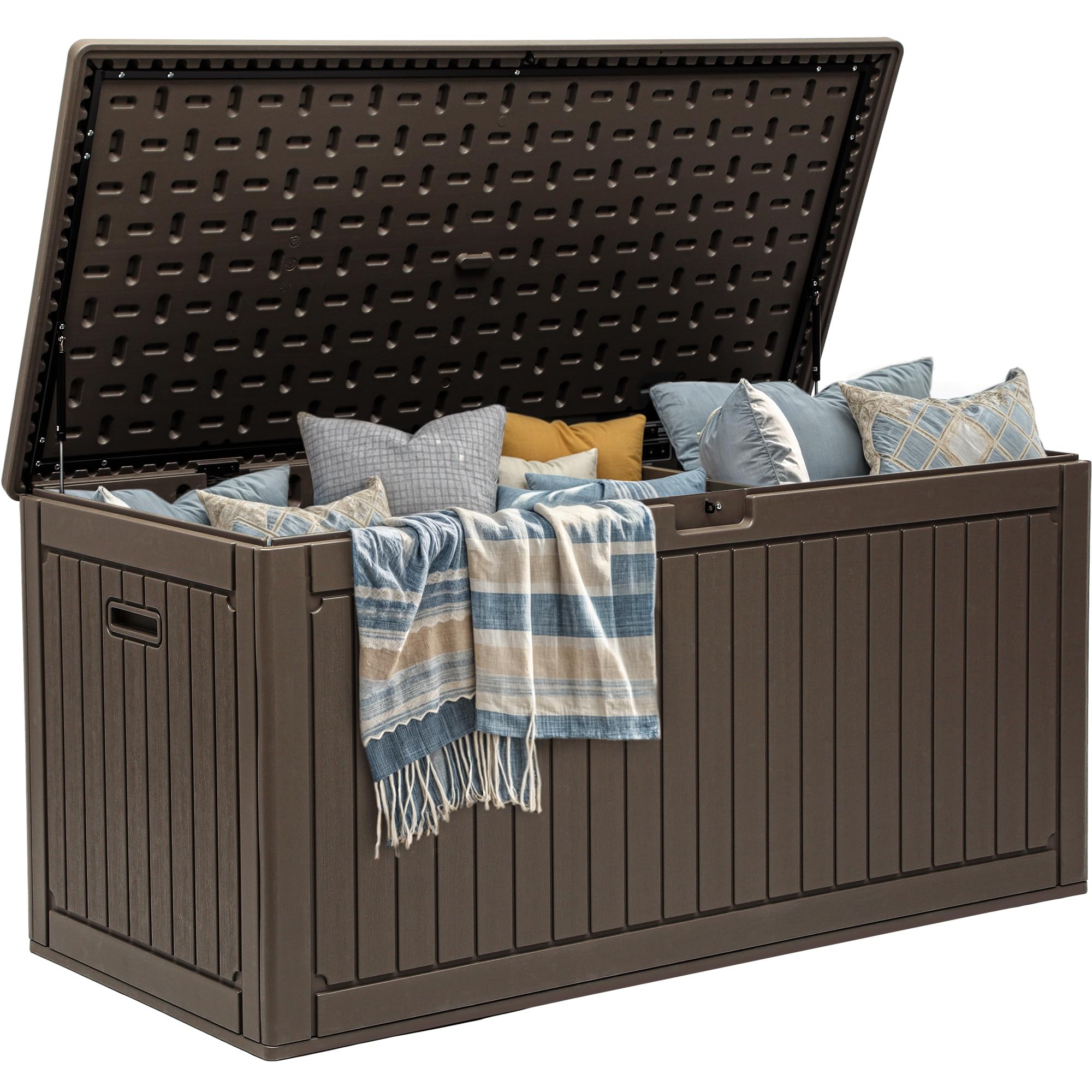 YITAHOME 70 Gallon Deck Bench with Storage, Outdoor Storage Box Bench with Armrests for Patio Garden Pool Porch, Waterproof&Lockable, Light Brown