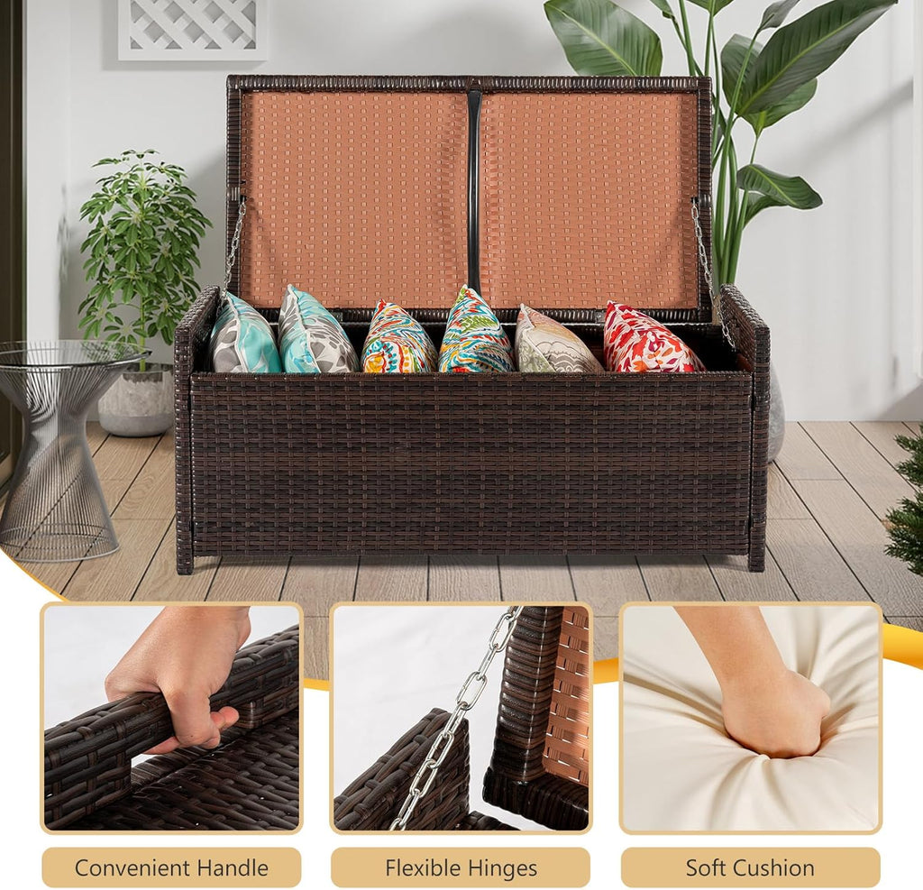 PROHIKER 2-in-1 Wicker Deck Box Bench, All-Weather 55 Gallon Outdoor Storage Box with Cushions and Waterproof Bag, Rattan Storage Bench for Pool Tools, Outdoor Equipments and Garden Tools, Brown/Beige