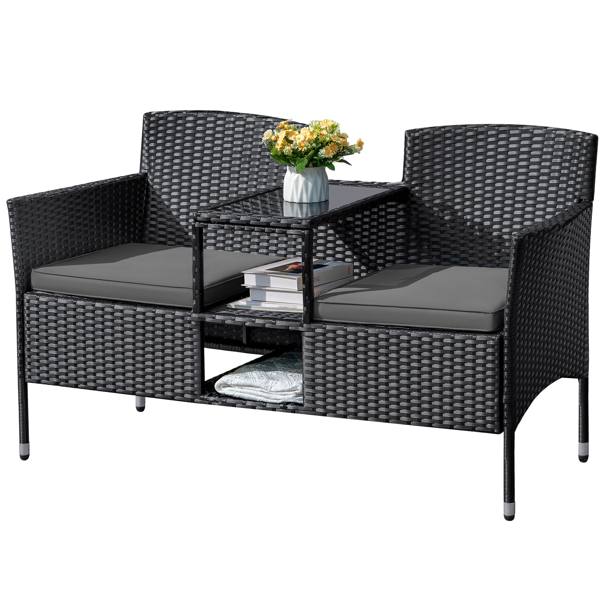 Flamaker Outdoor Furniture Patio Loveseat Wicker 2-Seat with Built-in Table and Cushions Rattan Porch Chairs Bench for Balcony, Lawn, Backyard (Beige)