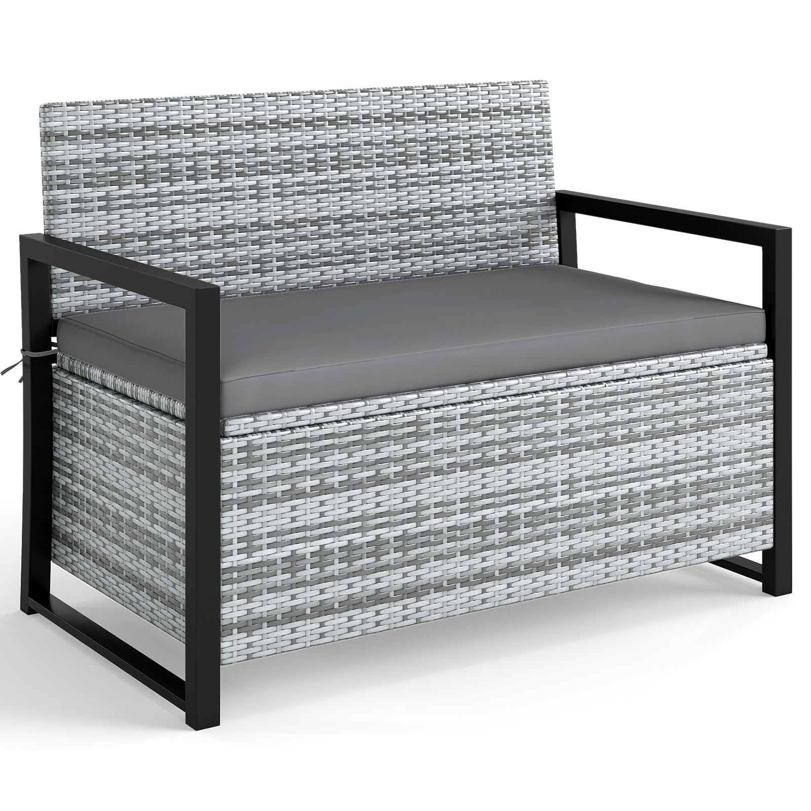Tangkula 42 Gallon Outdoor Bench with Storage, Outdoor PE Rattan Storage Bench with Cushion, Backrest & Acacia Wood Armrests, Metal Frame, Waterproof Deck Box Seat for Porch Backyard Poolside