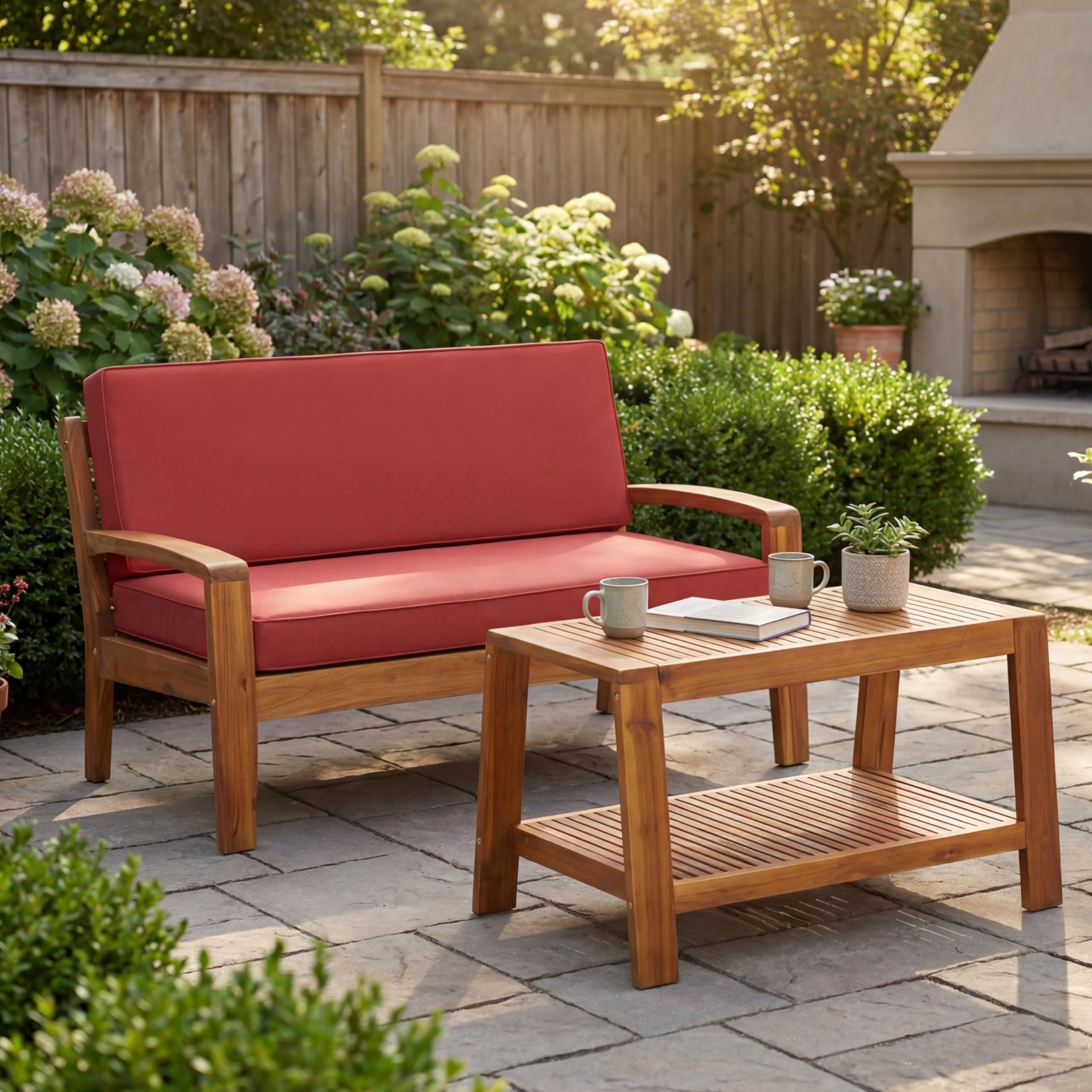 Merax Outdoor Acacia Wood Conversation Set - Patio Loveseat Sofa w/Coushion & Adjastable Feet and Coffee Table with Shelf for Backyard, Lawn, Balcony, Poolside Beige+Teak Finish