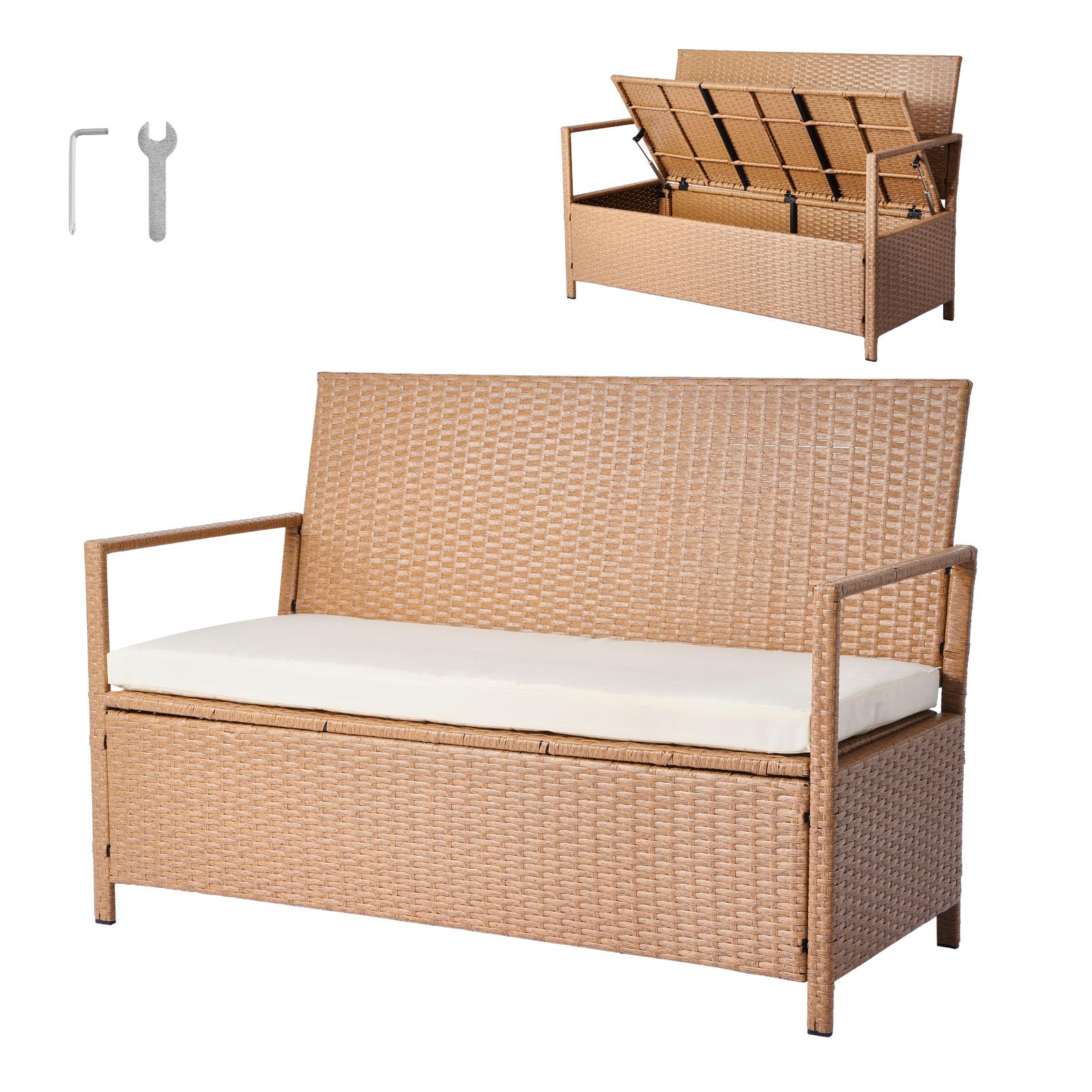 VEVOR Outdoor Storage Bench, 2-Person PE Rattan Storage Bench, 40 Gal Deck Box with Cushion & Side Handle, Supports up to 400 lbs, Outdoor Seating & Porch Decor for Patio Garden Balcony