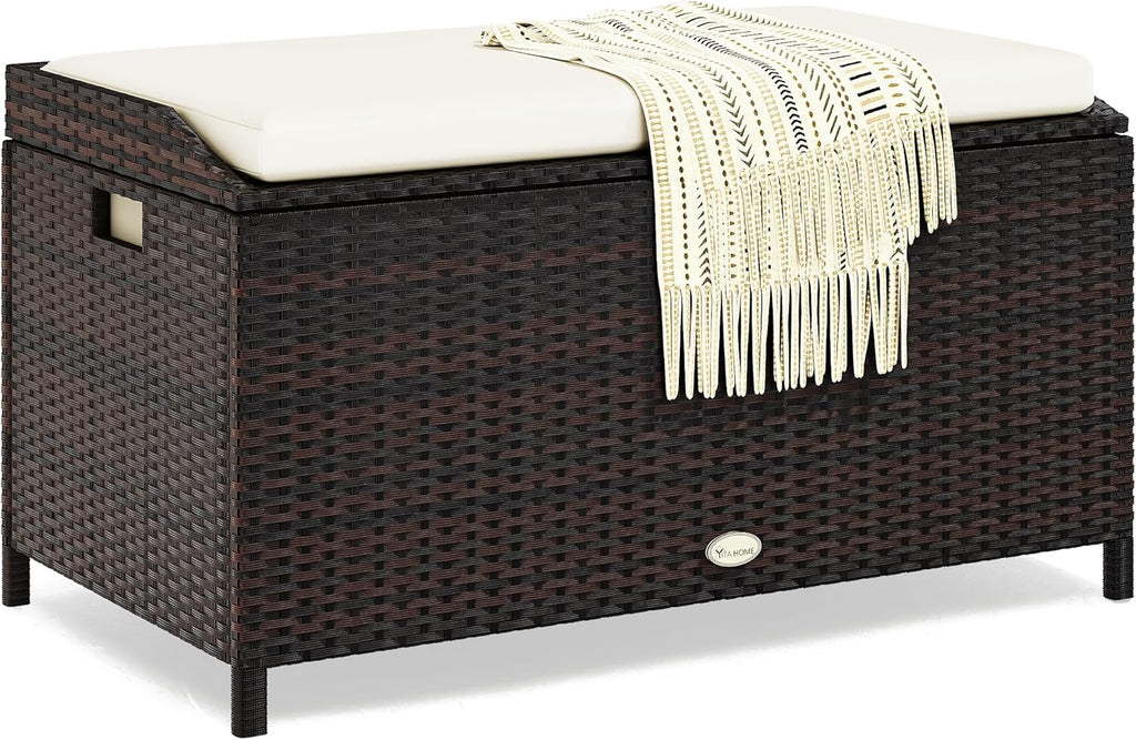 YITAHOME Outdoor Wicker Storage Bench Deck Box, Large PE Rattan Patio Storage Bench w/Covenient Handles and Soft Cushion for Patio, Yard, Lawn, Garden