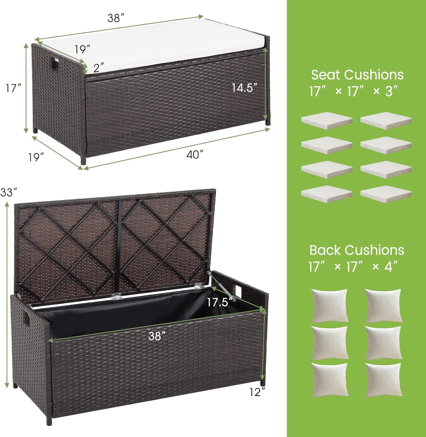 Tangkula 34 Gallon Outdoor Storage Bench with Seat Cushion, Patio Mix Brown Wicker Deck Box with Waterproof Liner and Side Handles, Outdoor Storage Bench for Cushions, Garden Tools, Pool Accessories